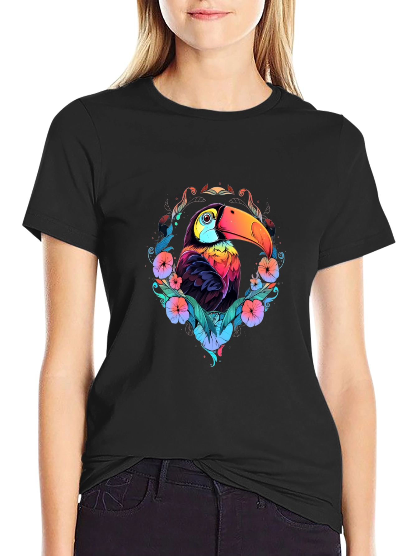 Black Vibrant Toucan Graphic Black T-Shirt view 2