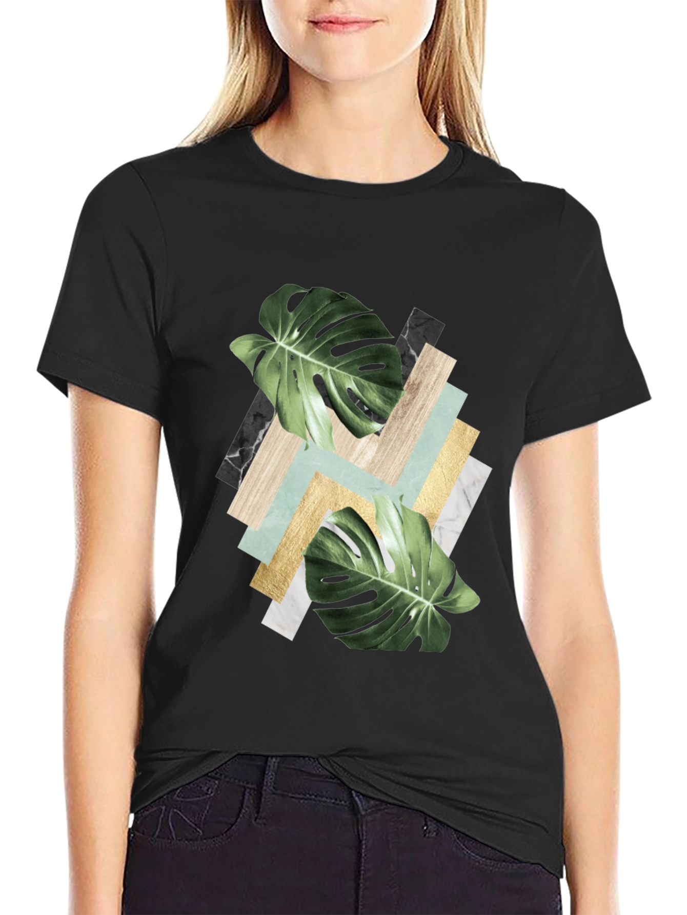 Black Tropical Leaf Geometric Print T-Shirt view 2