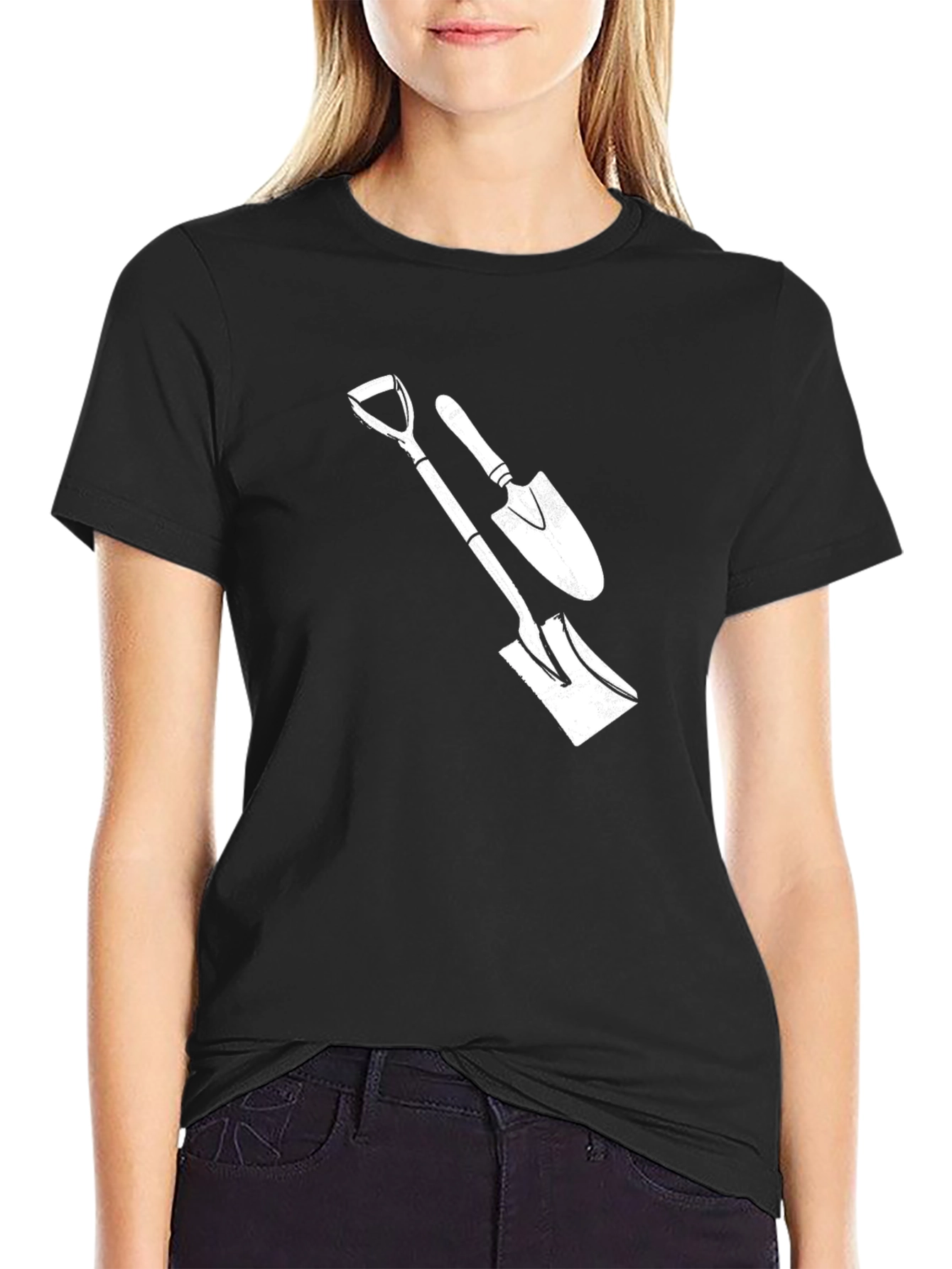 Black Novelty T-Shirt with Gardening Shovel and Trowel Design view 2