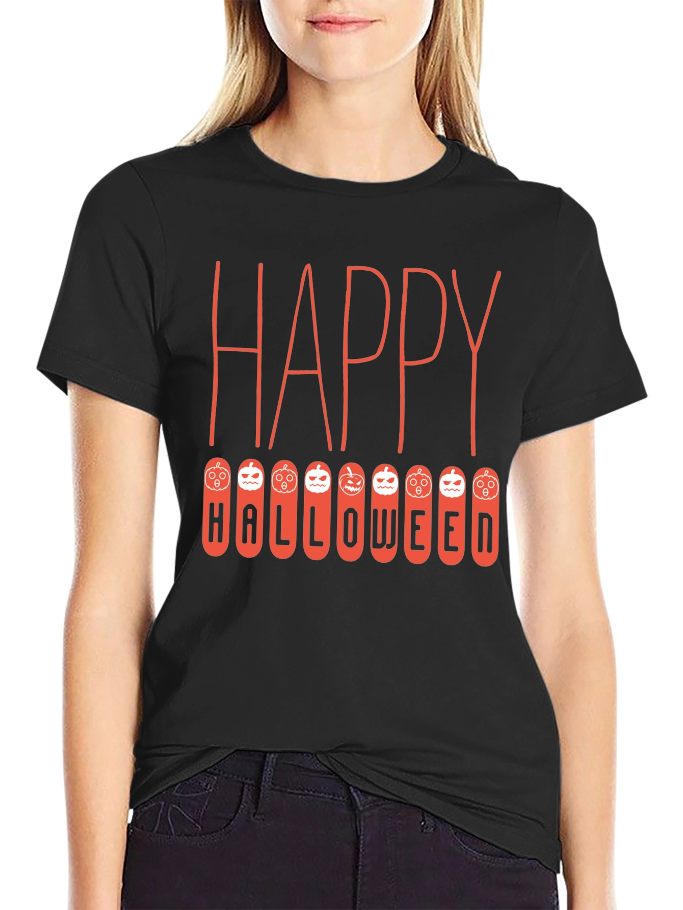 Black Happy Halloween T-Shirt, Pumpkin Design view 2