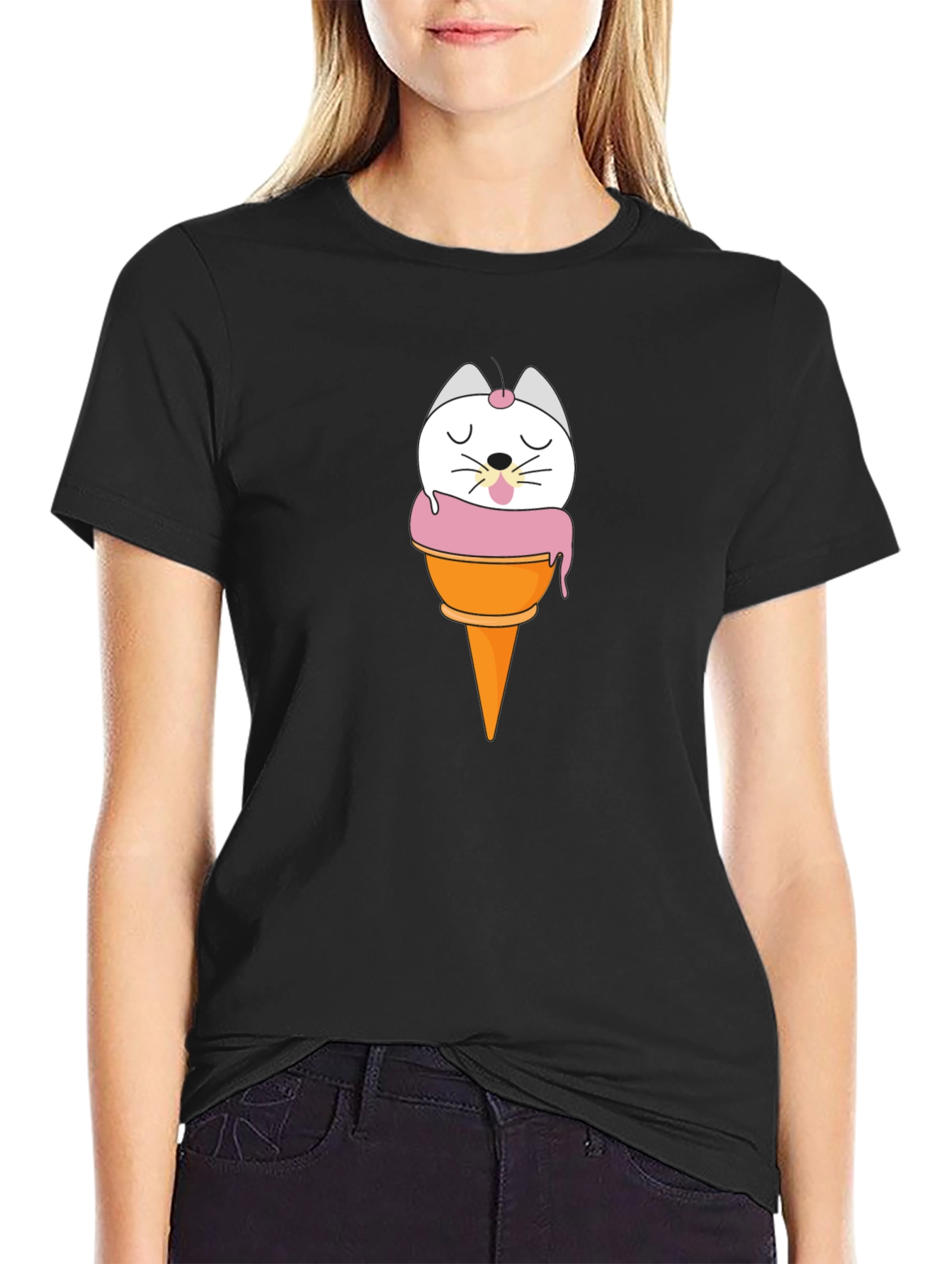 Black Cute Cat Ice Cream T-Shirt - Black view 2