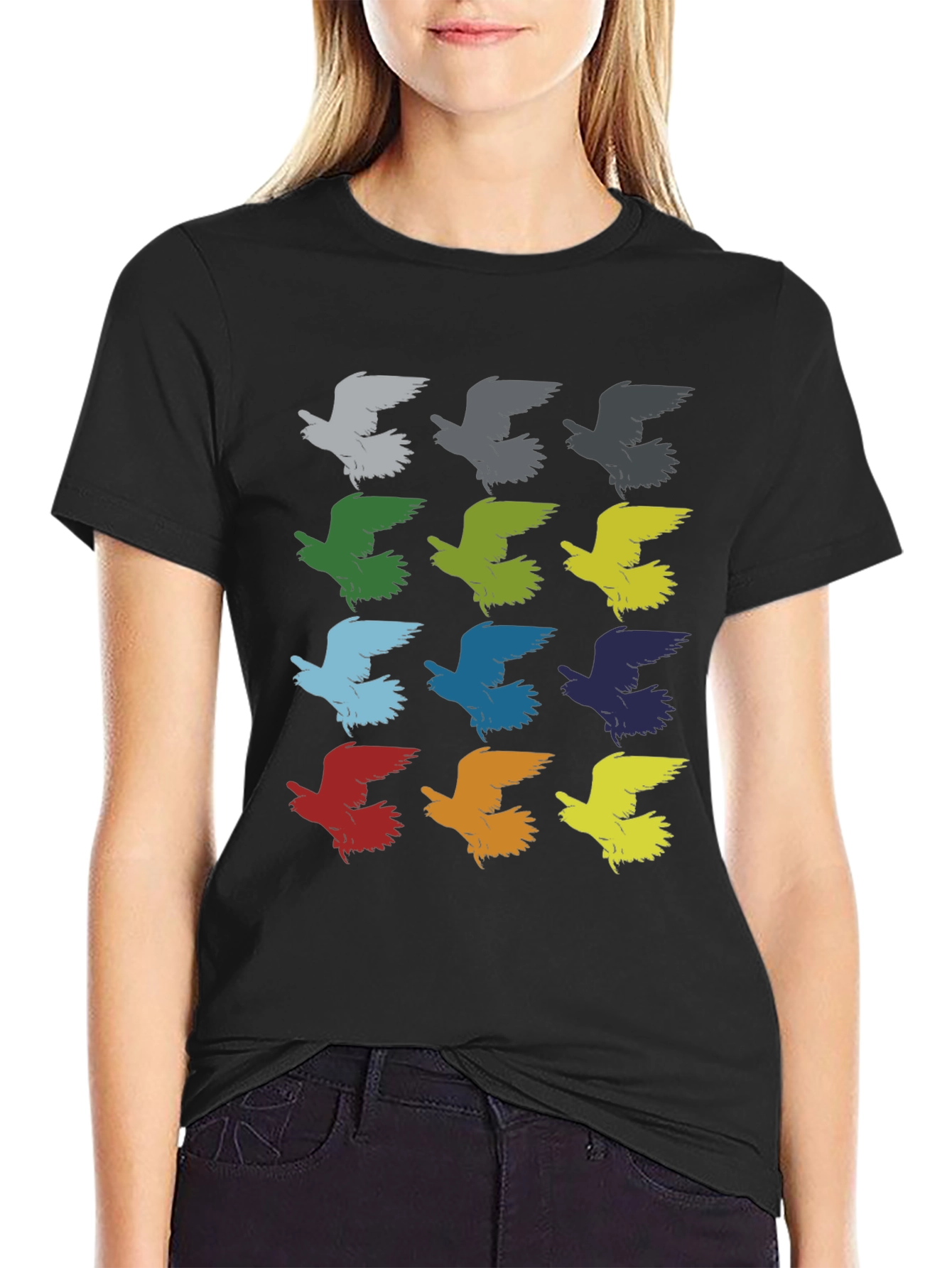 Black Colorful Bird Pattern Graphic T-Shirt view 2