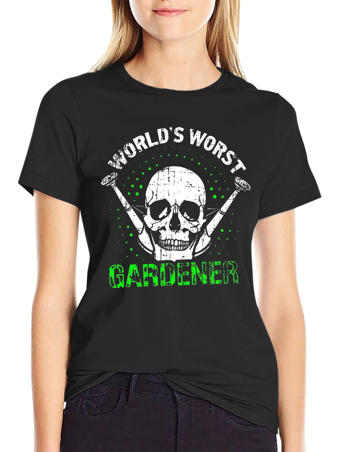 Black World's Worst Gardener T-Shirt - Skull & Watering Can Design view 2