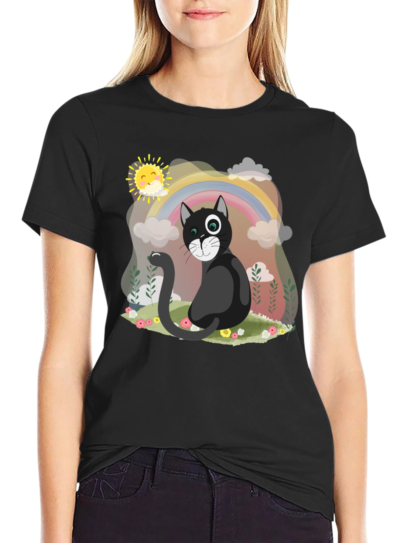 Black Whimsical Cat Rainbow T-Shirt view 2