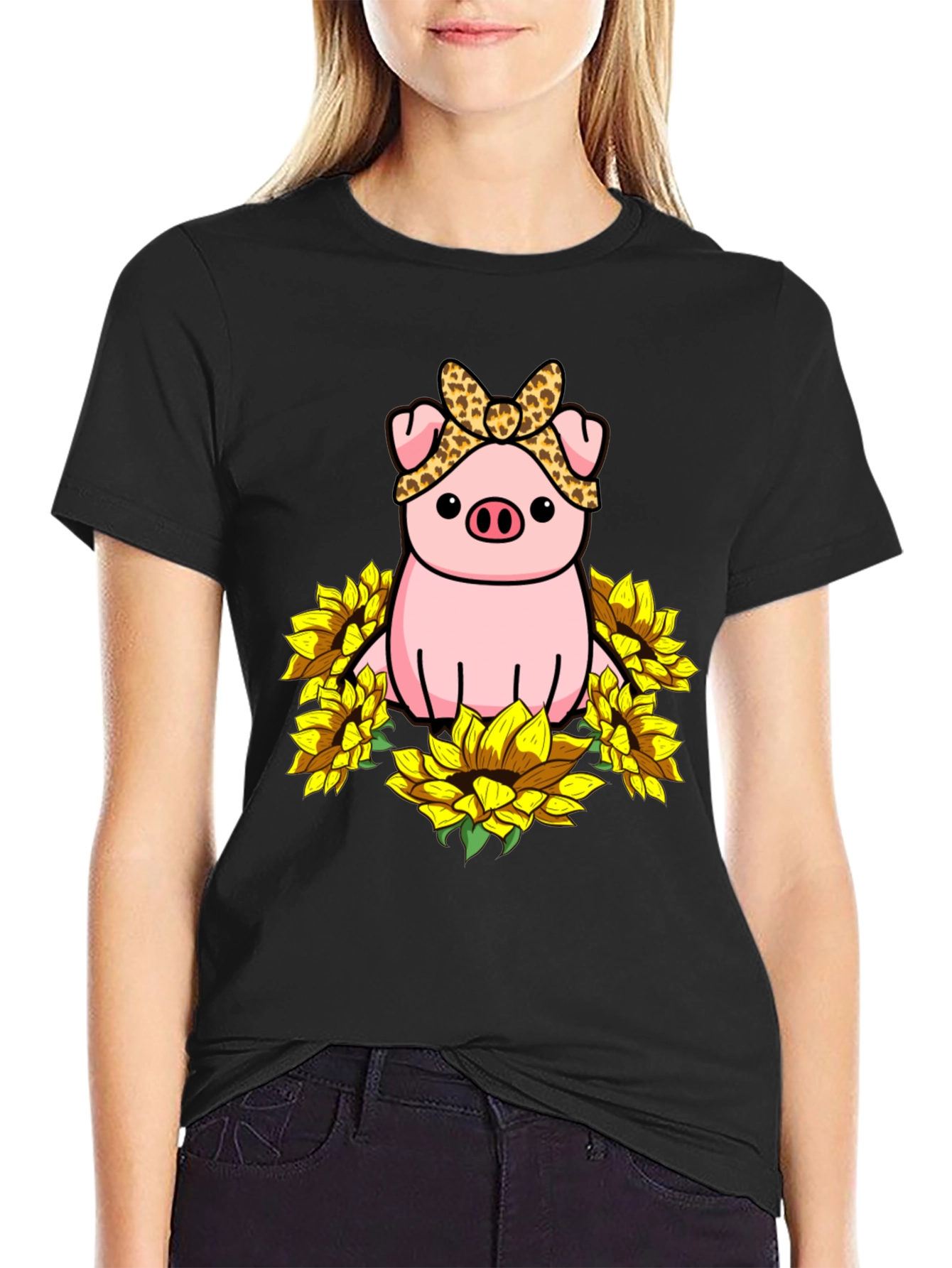 Black Cute Pig Sunflower Graphic T-Shirt view 2
