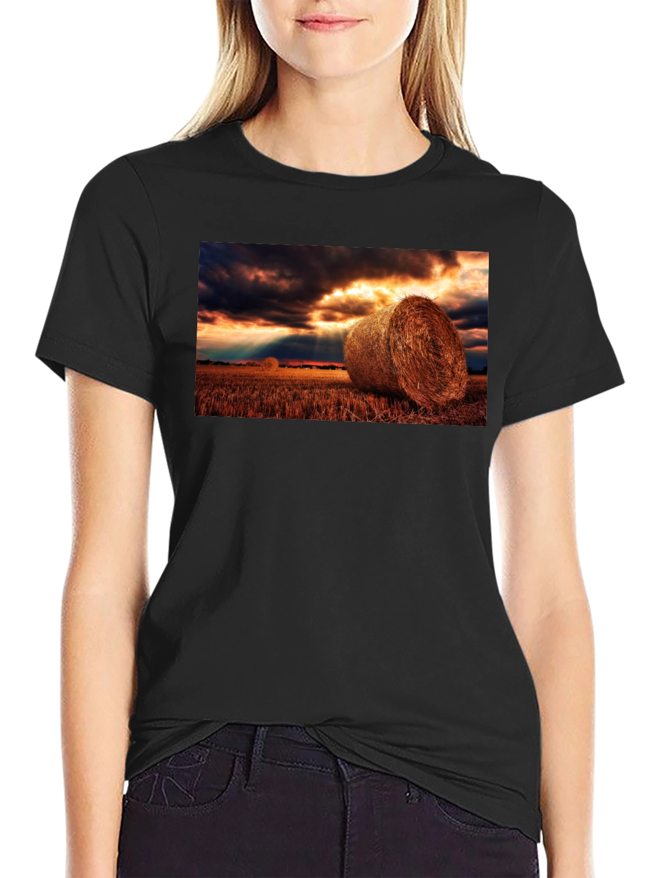 Black Harvest Hay Bales Graphic Tee - Unisex Black T-Shirt view 2