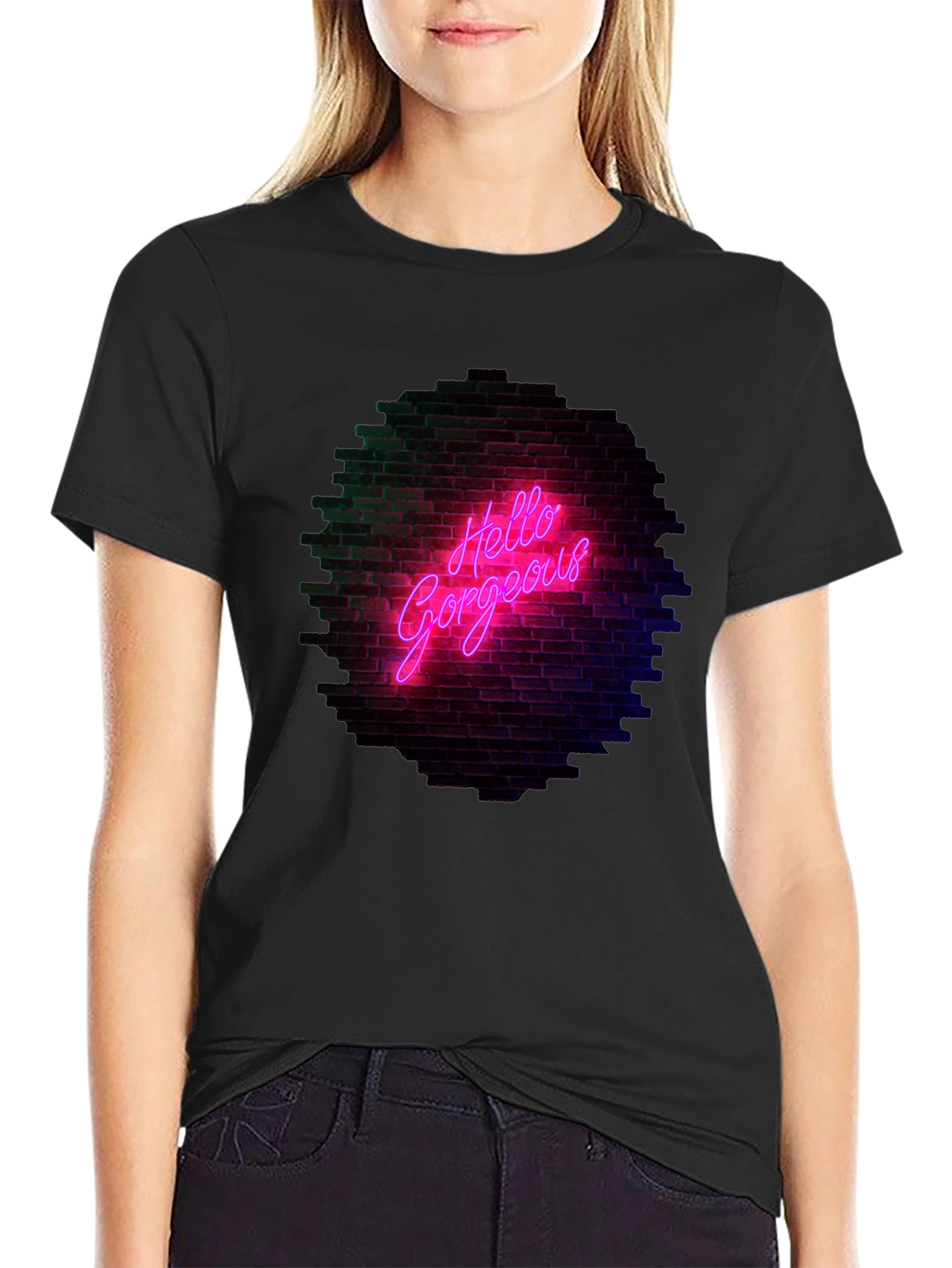 Black Hello Gorgeous Graphic Tee - Neon Brick Wall Design view 2