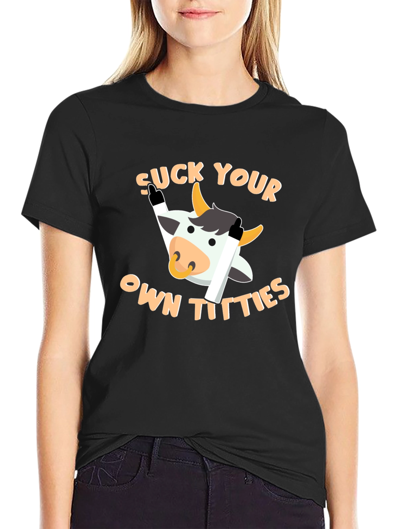 Black Funny Cow Graphic T-Shirt - "Suck Your Own Titties" view 2