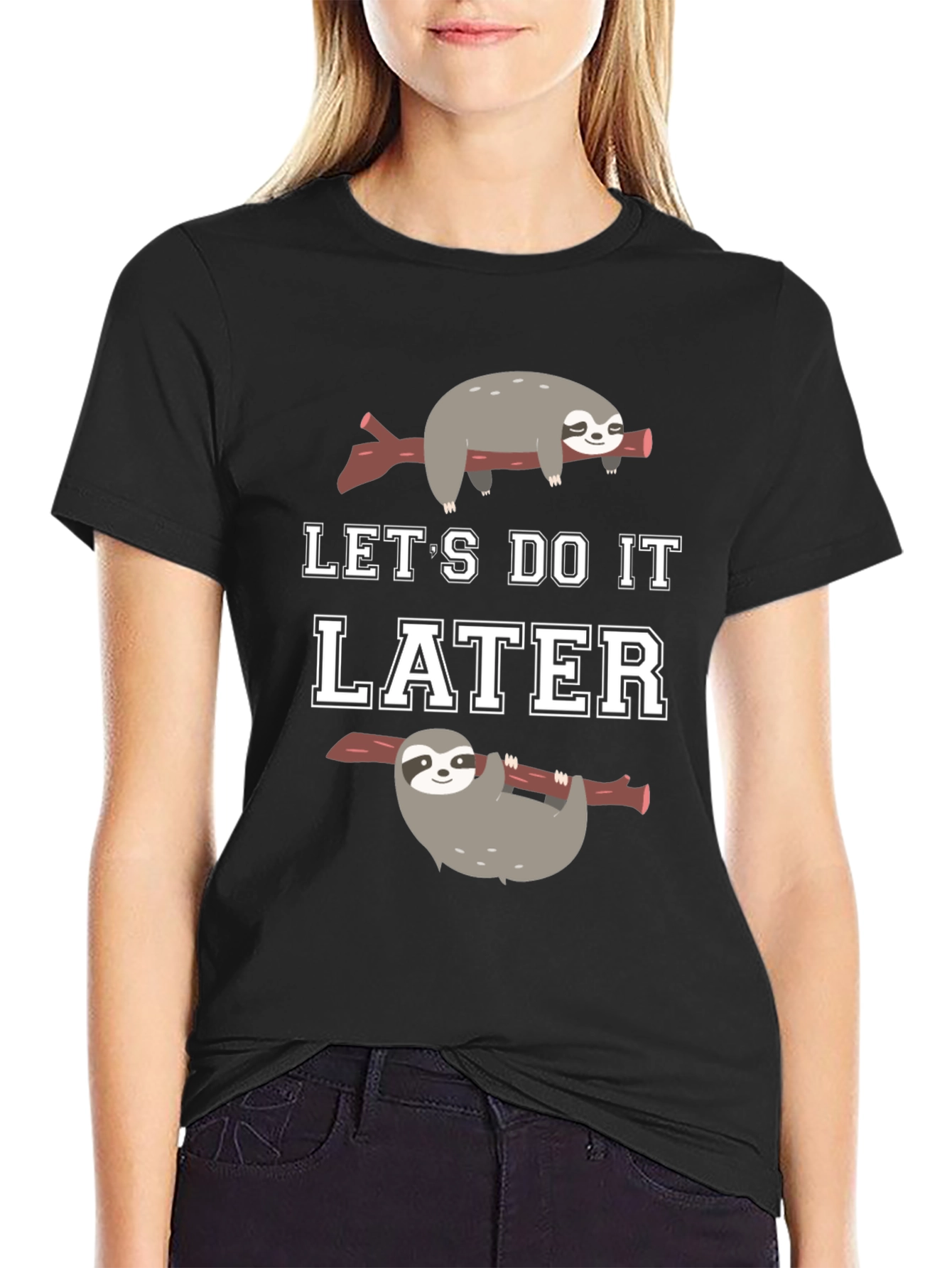 Black Let's Do It Later Sloth Graphic T-Shirt view 2