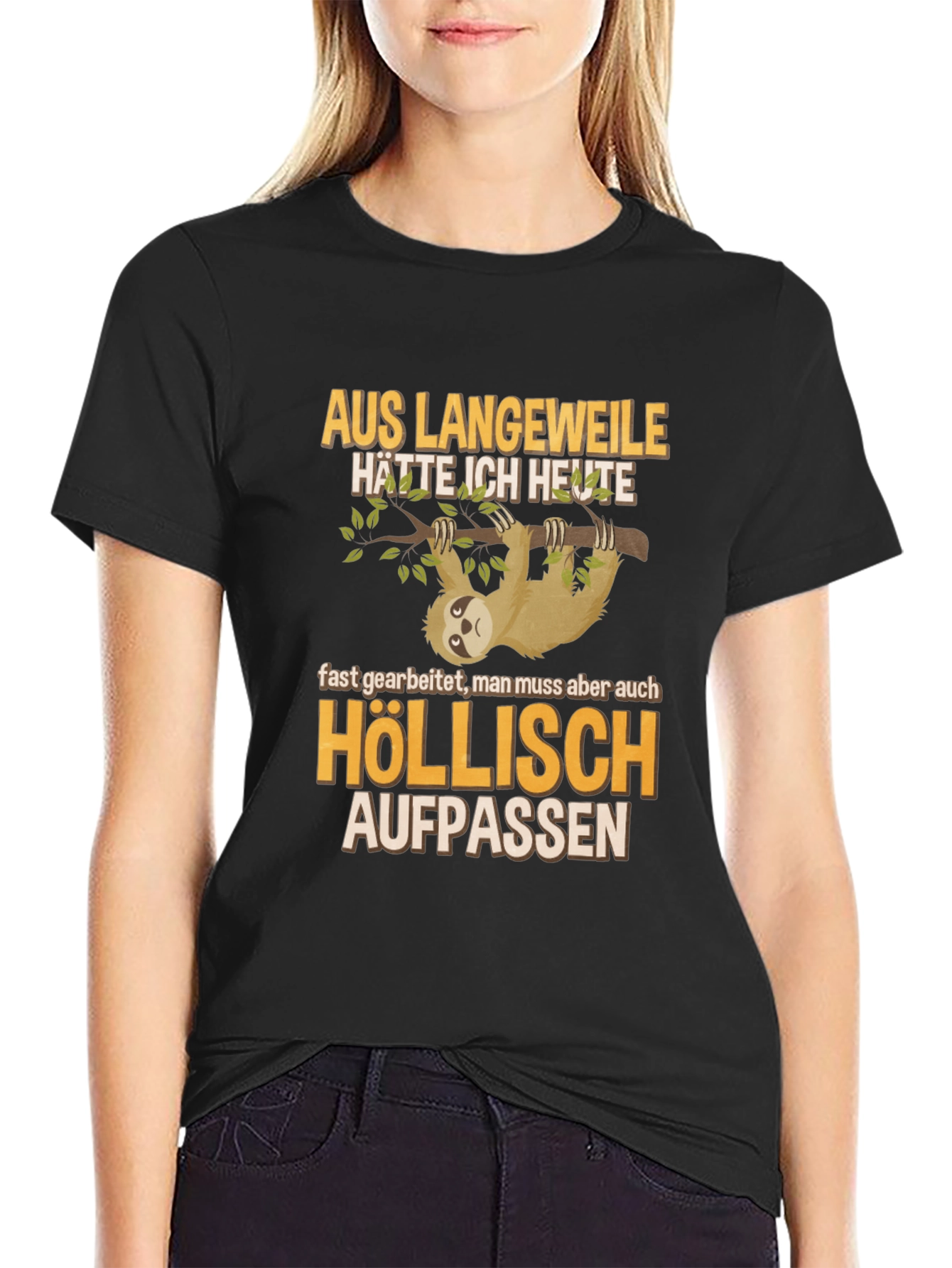 Black Sloth Humor Graphic T-Shirt - 'Höllisch Aufpassen' view 2