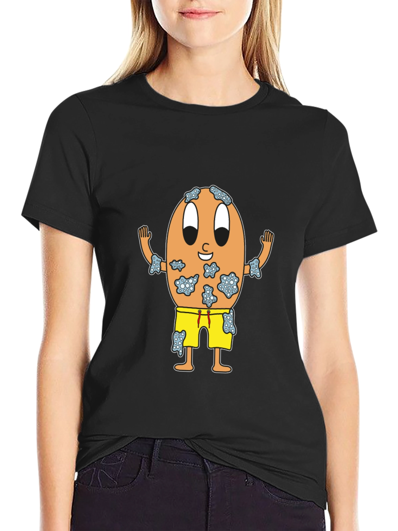 Black Funny Egg Cartoon Black T-Shirt view 2