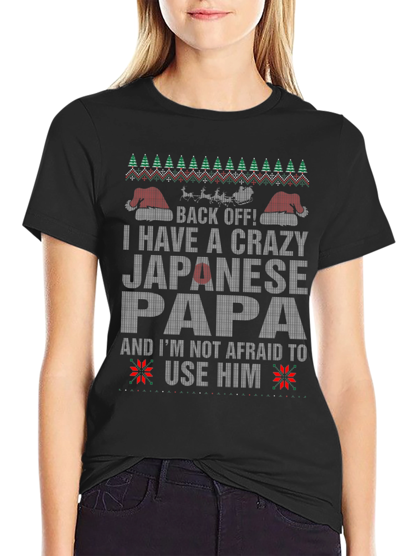Black Crazy Japanese Papa Christmas T-Shirt - Funny Holiday Tee view 2