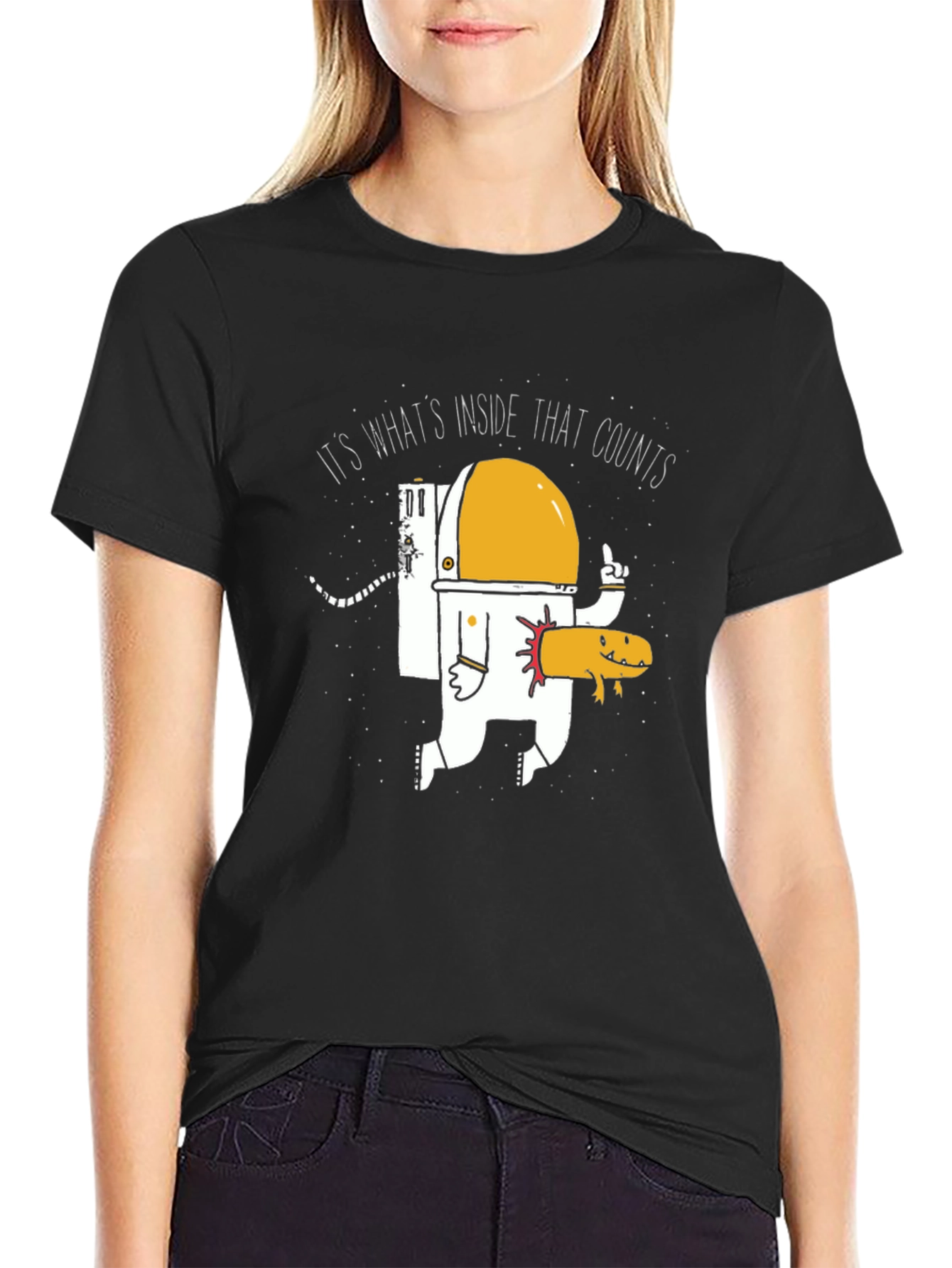 Black Funny Astronaut and Axolotl Graphic T-Shirt - Black view 2
