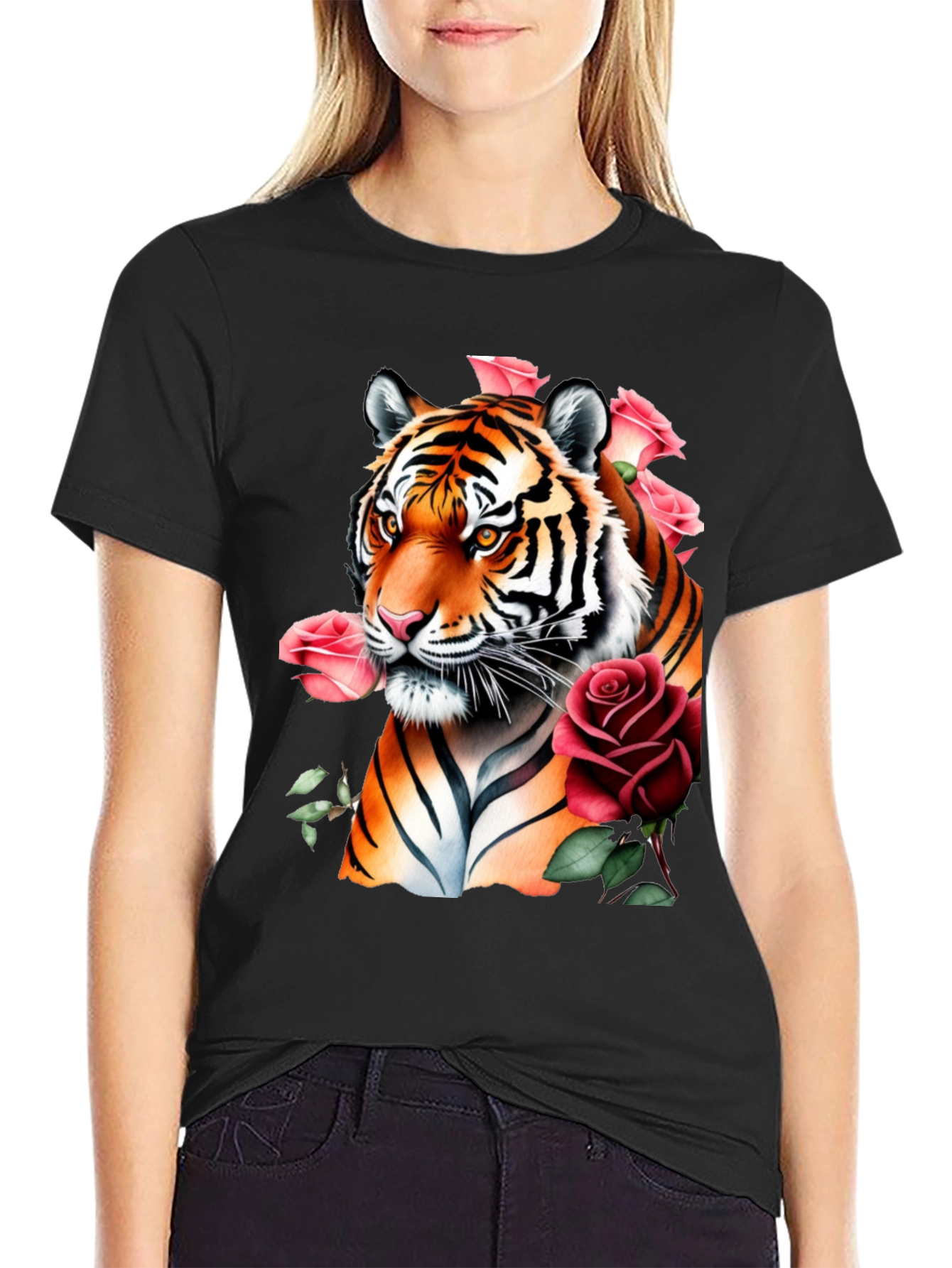 Black Tiger & Roses Graphic Print Black T-Shirt view 2