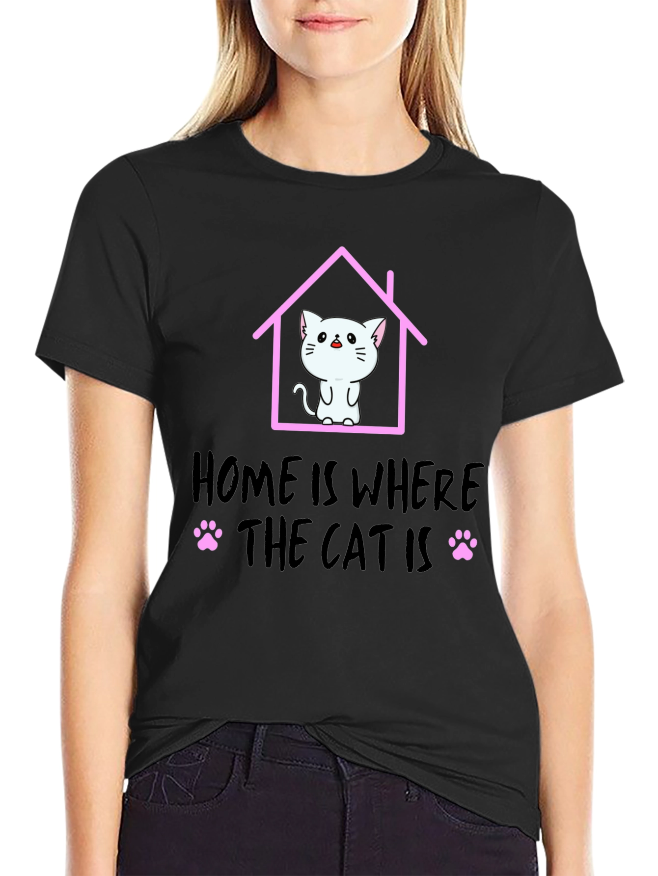 Black Home Is Where The Cat Is T-Shirt, Cat Lover Tee view 2
