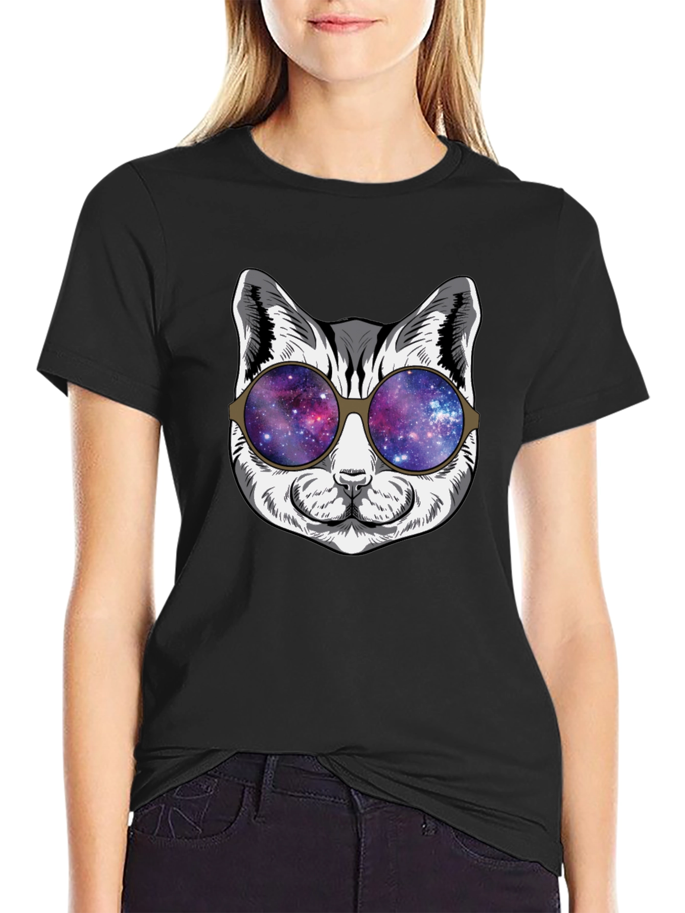 Black Cool Cat Galaxy Sunglasses Black T-Shirt view 2