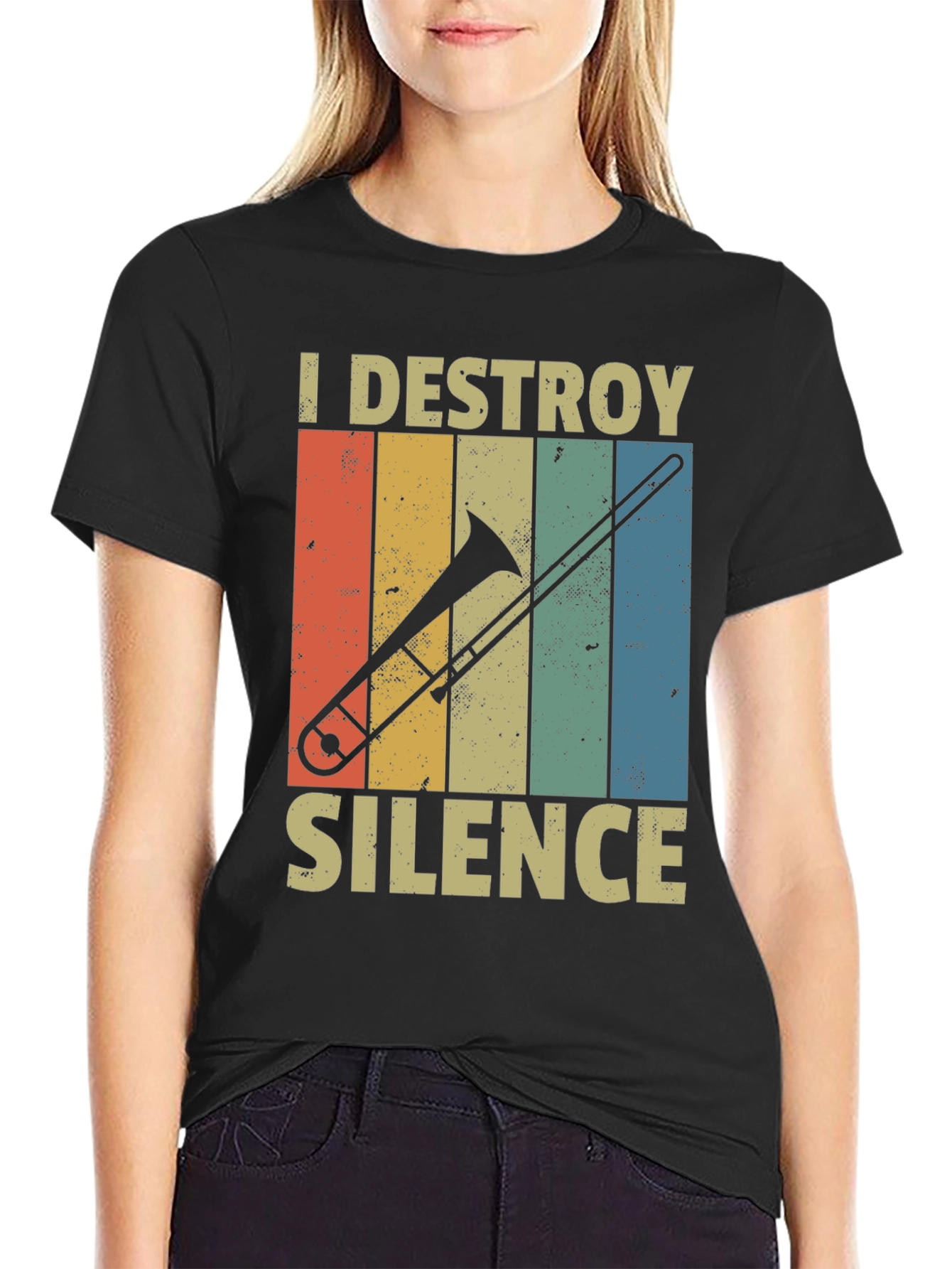 Black I Destroy Silence Trombone Player T-Shirt view 2