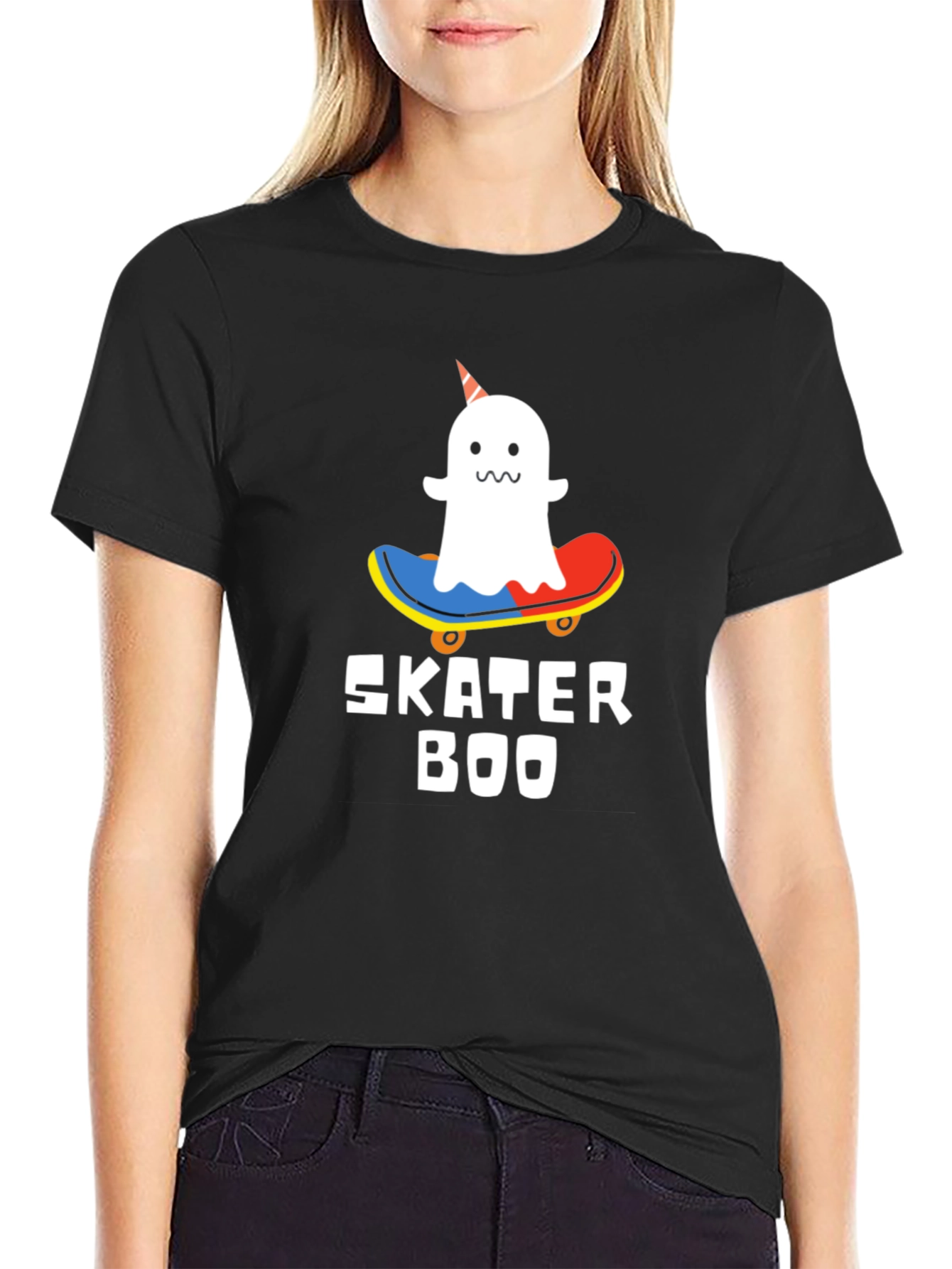 Black Skater Boo T-Shirt - Ghost on Skateboard view 2