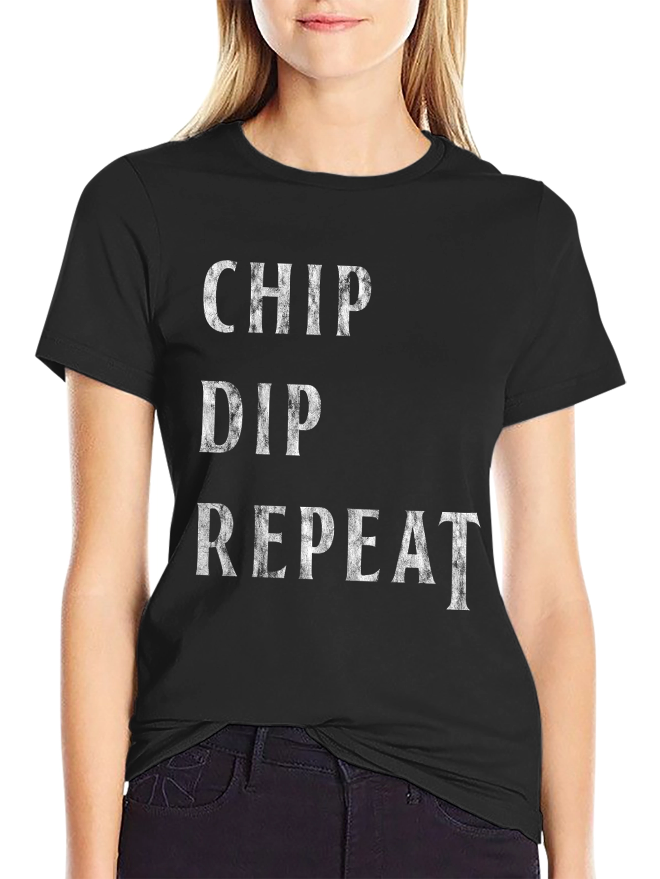 Black Chip Dip Repeat Graphic Tee - Funny Food Lover's T-Shirt view 2