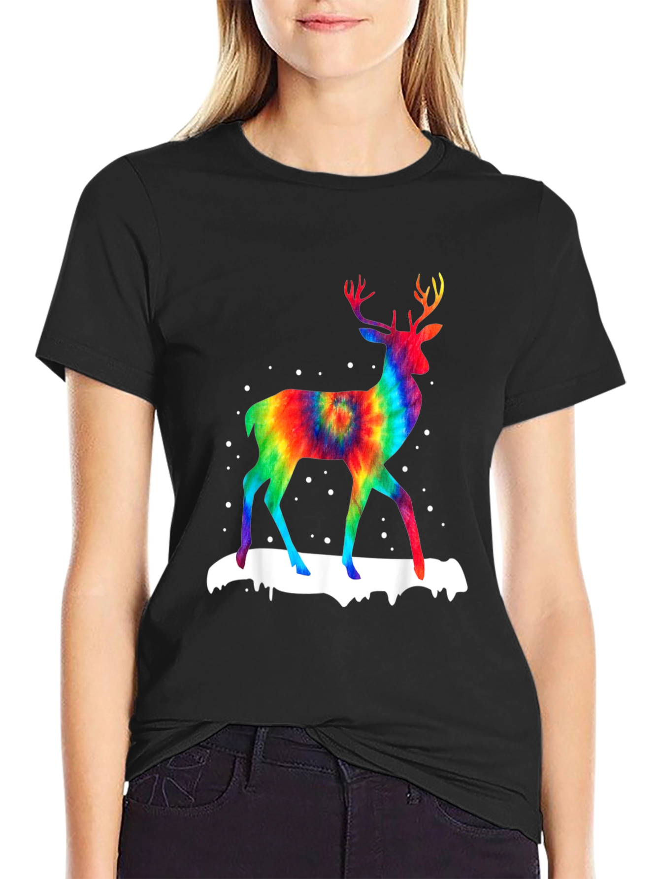 Black Rainbow Tie-Dye Deer Graphic T-Shirt view 2