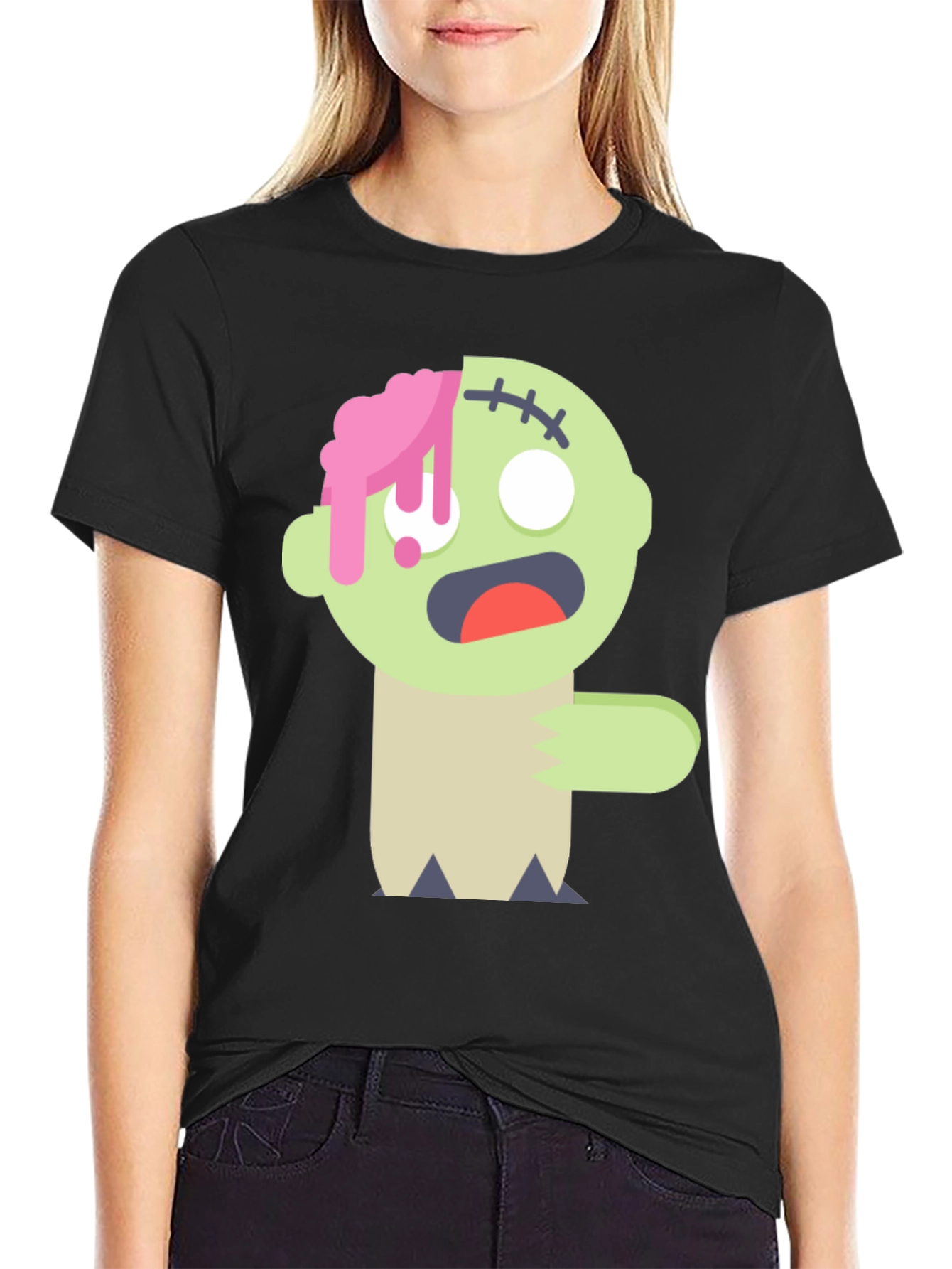 Black Zombie Cartoon Graphic T-Shirt view 2