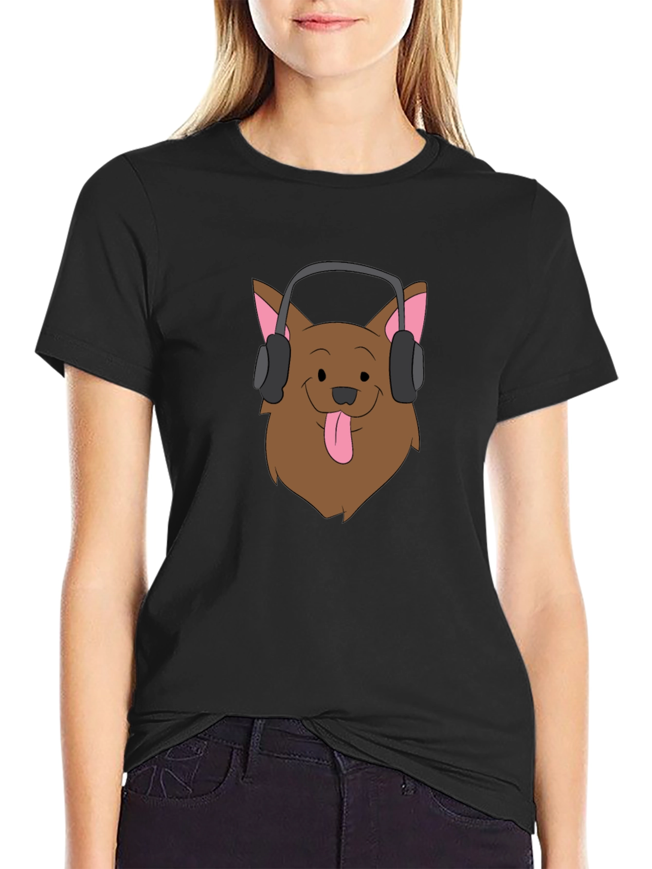 Black Dog with Headphones Graphic Tee - Black Cotton T-Shirt view 2
