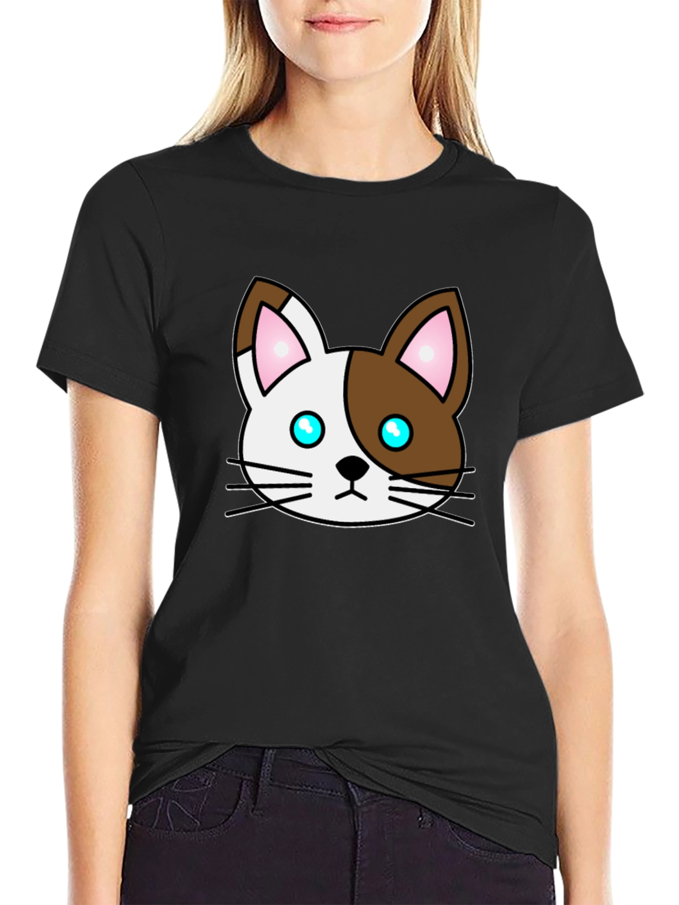Cartoon Cat Face Graphic T-Shirt - Unisex Black Tee - 2