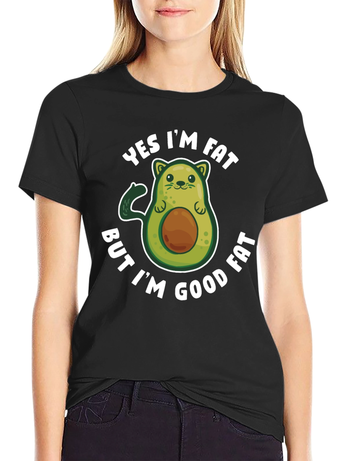 Black Funny Avocado Graphic T-Shirt - Yes I'm Fat But I'm Good Fat view 2