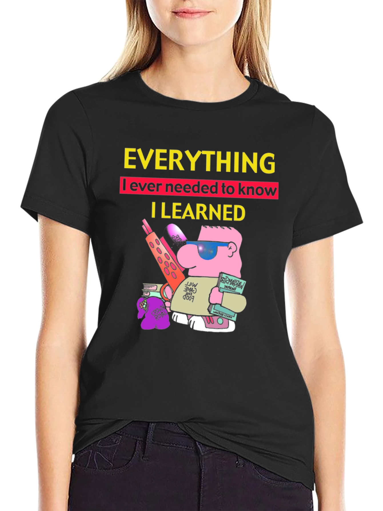 Black Everything I Learned T-Shirt Funny Cartoon Graphic Tee view 2