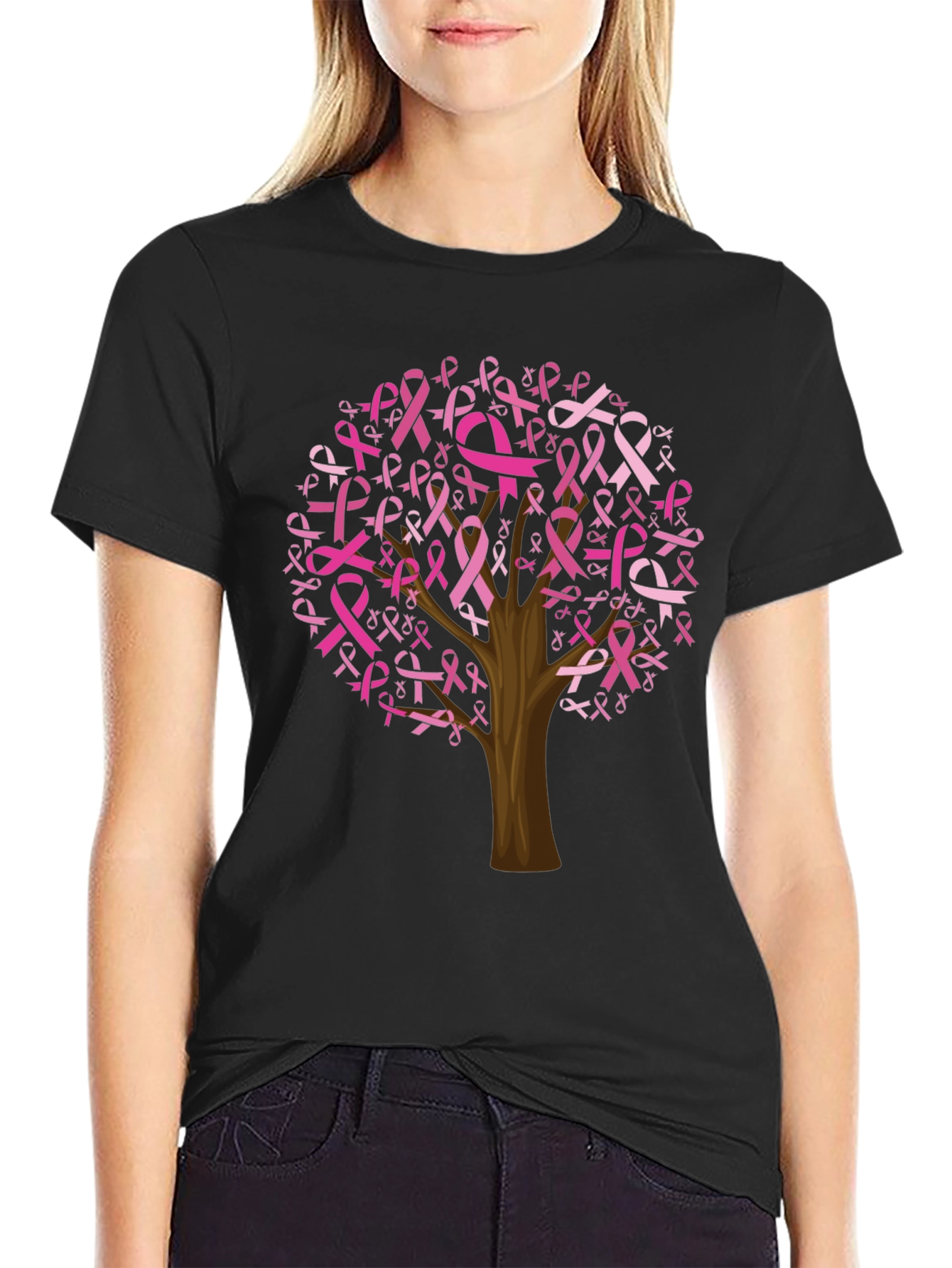 Black Breast Cancer Awareness Ribbon Tree Black Tee view 2