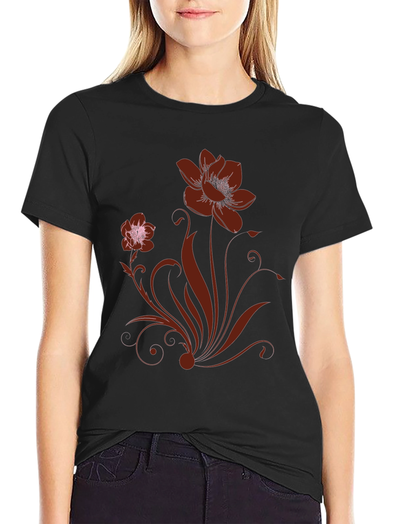 Black Floral Print Black Crew Neck T-Shirt view 2