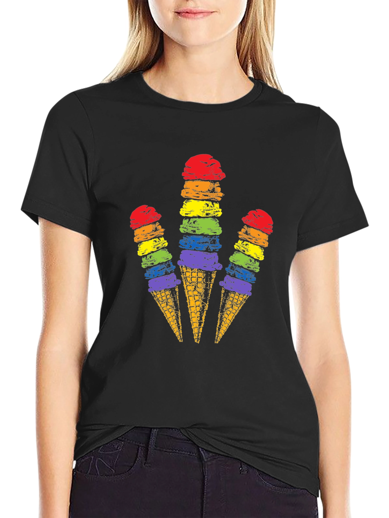 Black Rainbow Ice Cream Cone Graphic Tee view 2