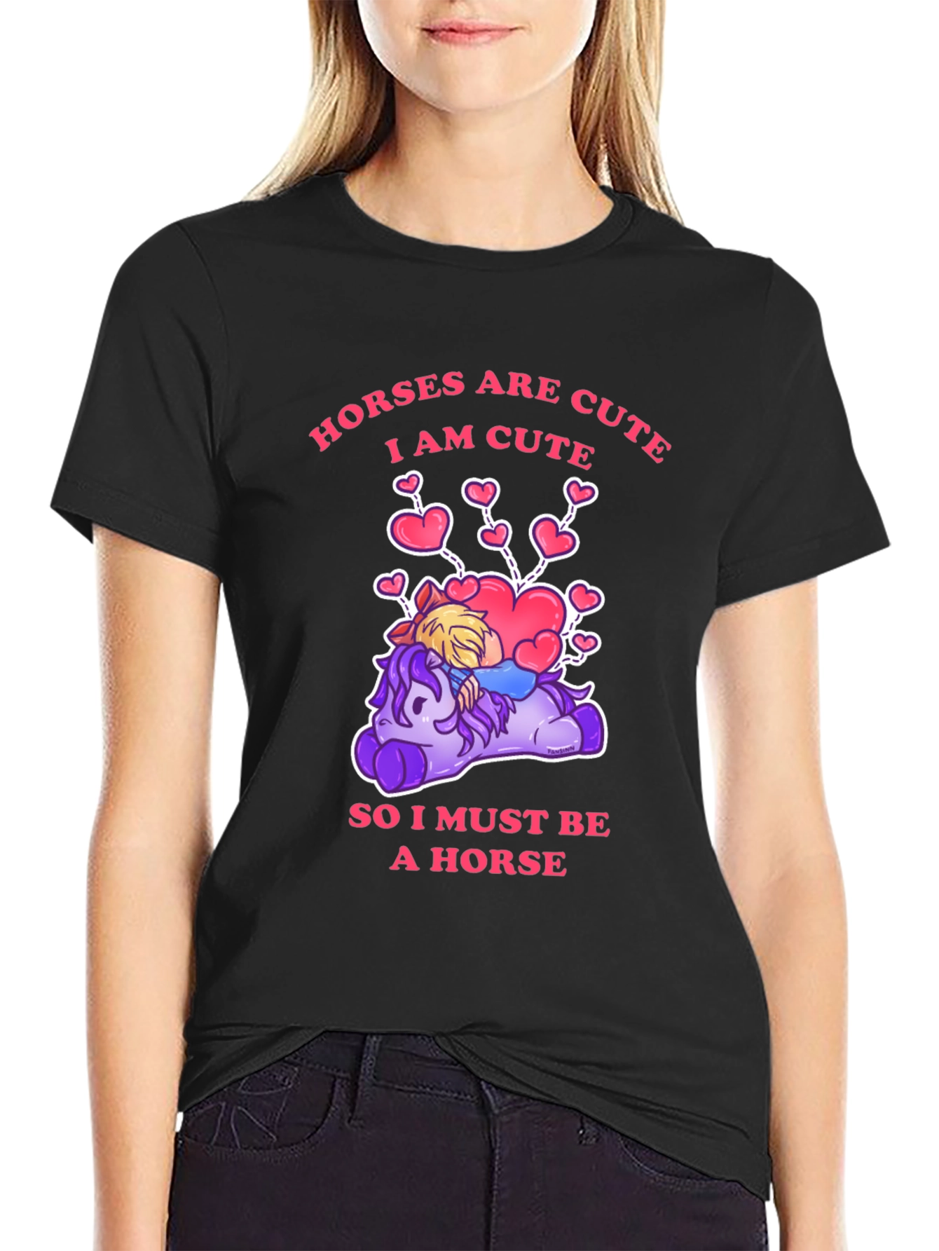 Black Cute Horse Cartoon Graphic T-Shirt view 2