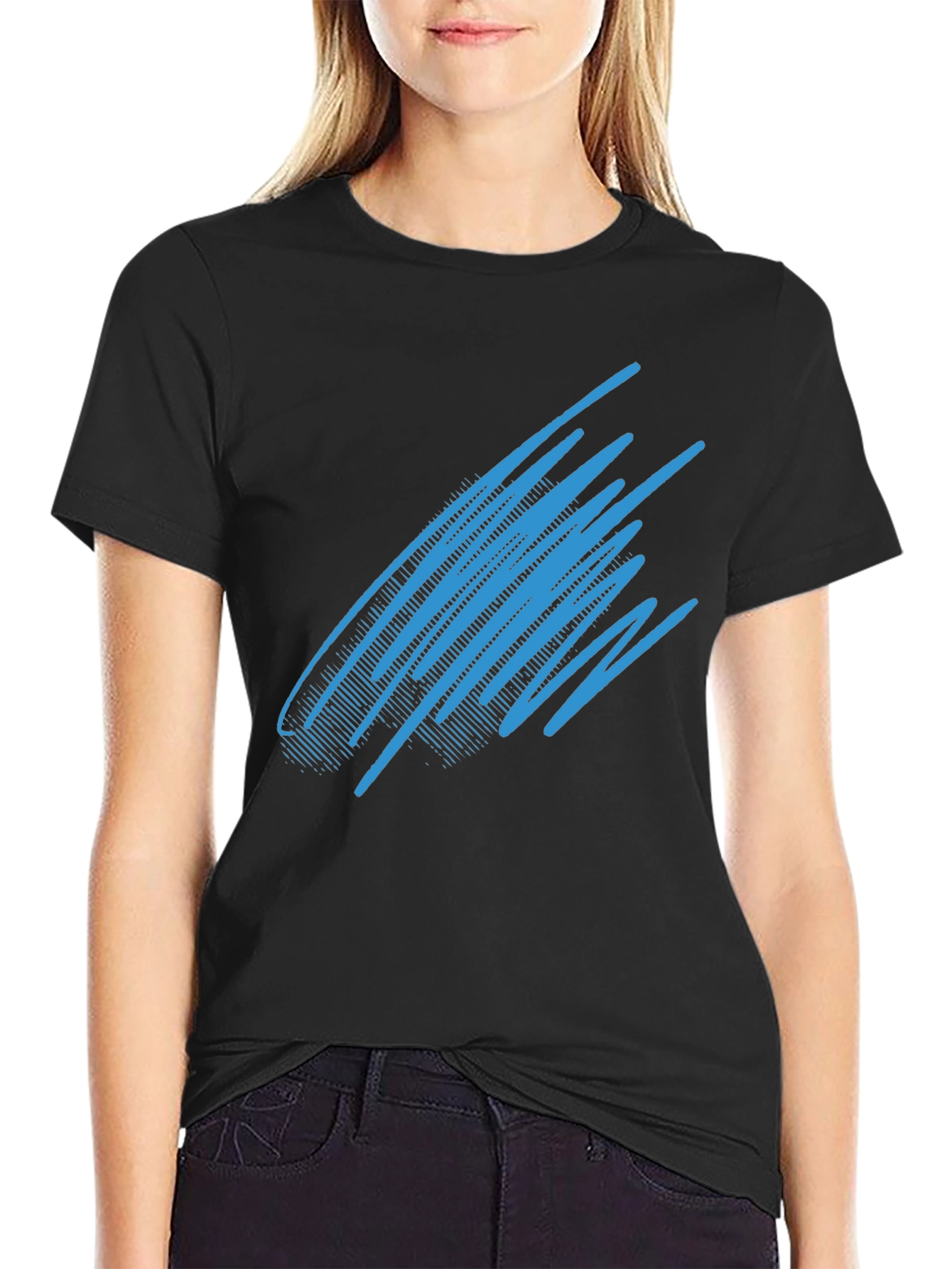 Black Abstract Blue Line Graphic Black T-Shirt view 2
