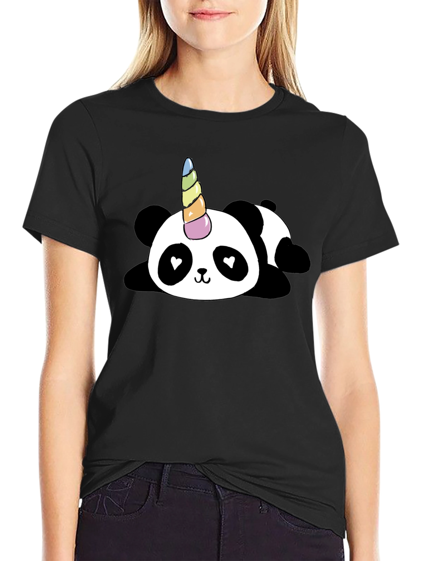 Black Cute Panda Unicorn Graphic T-Shirt - Black view 2