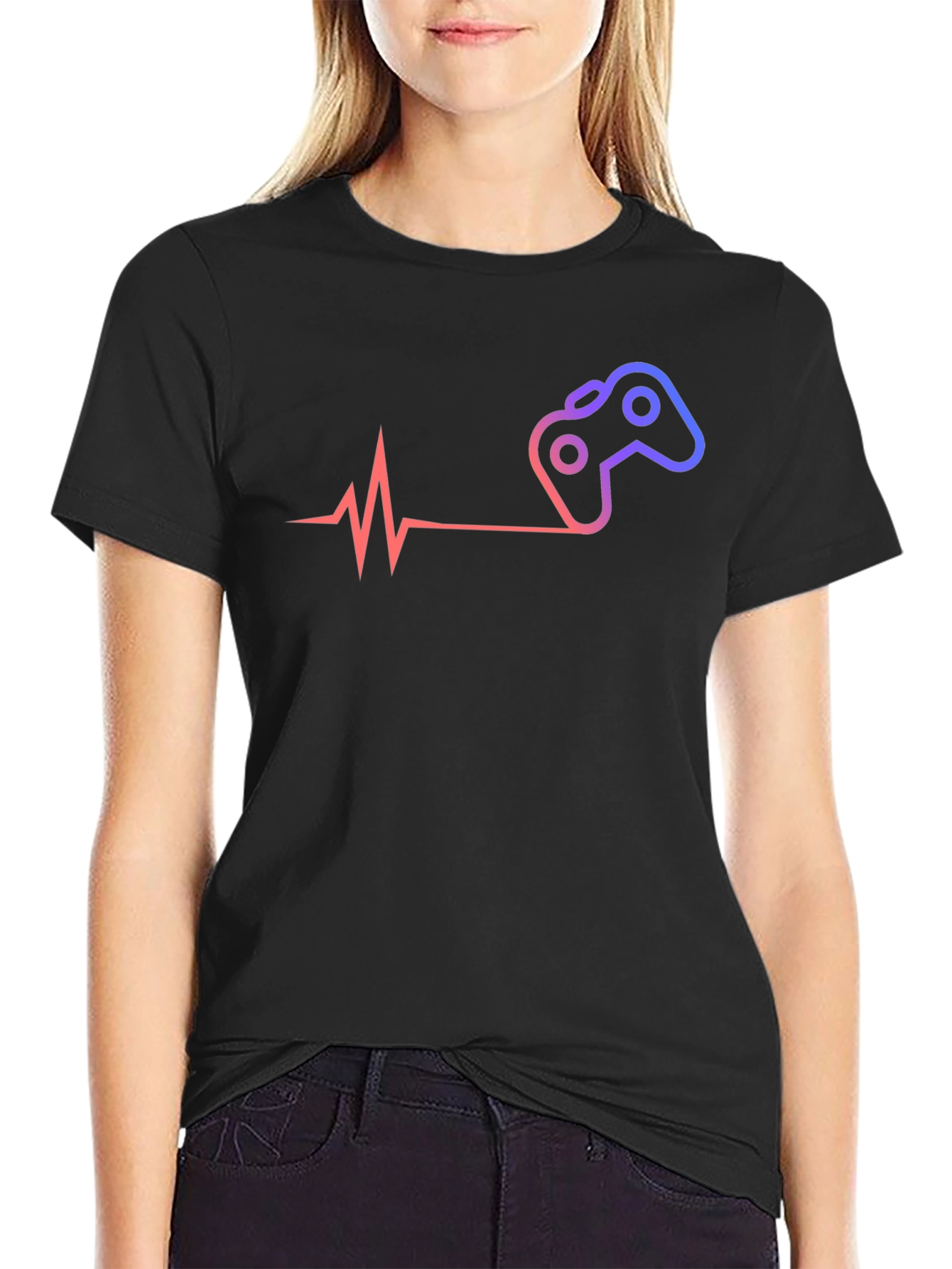 Black Gamer Heartbeat T-Shirt - Black Cotton Tee view 2