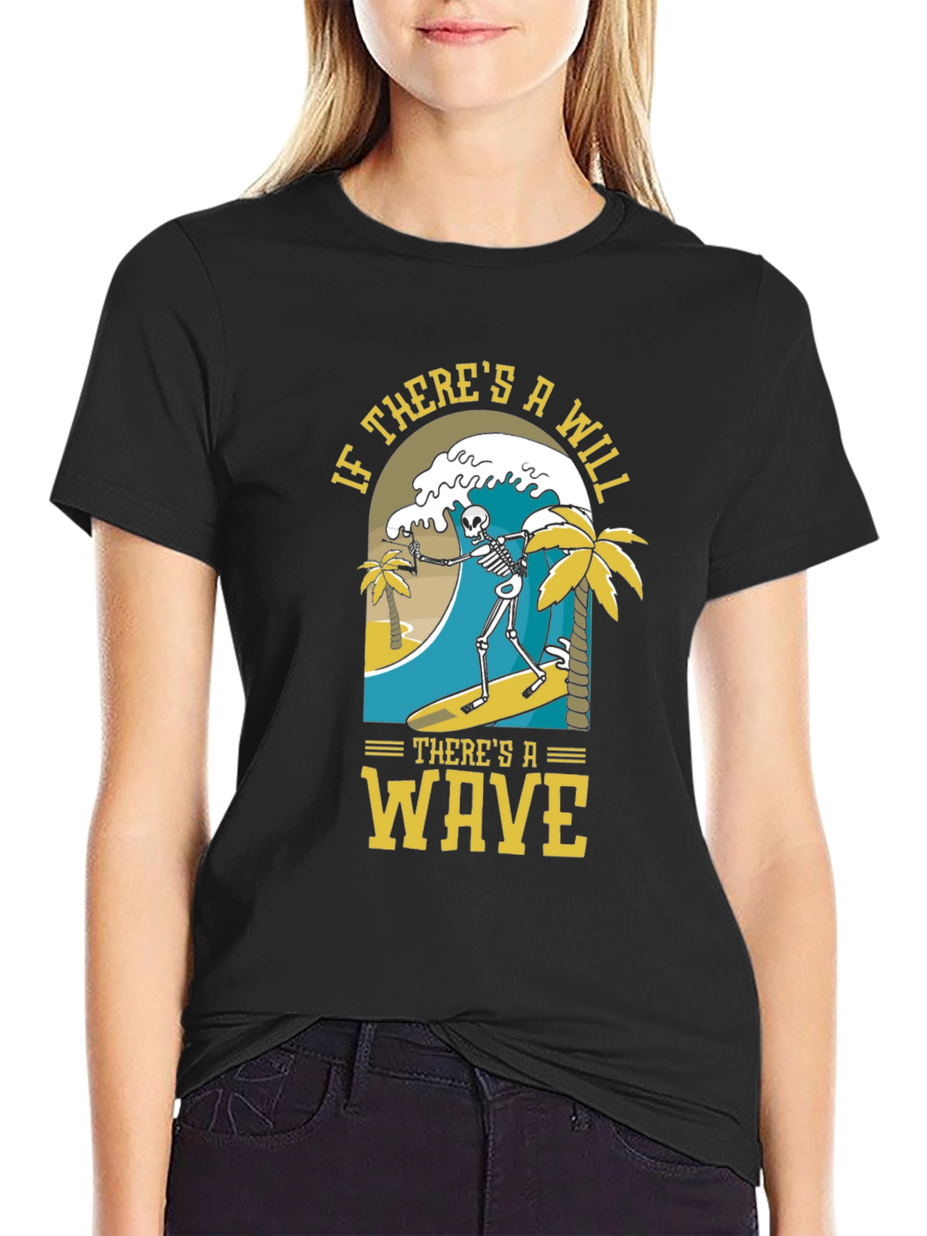 Black Surfing Skeleton Graphic Tee - "If There's A Will, There's A Wave" view 2
