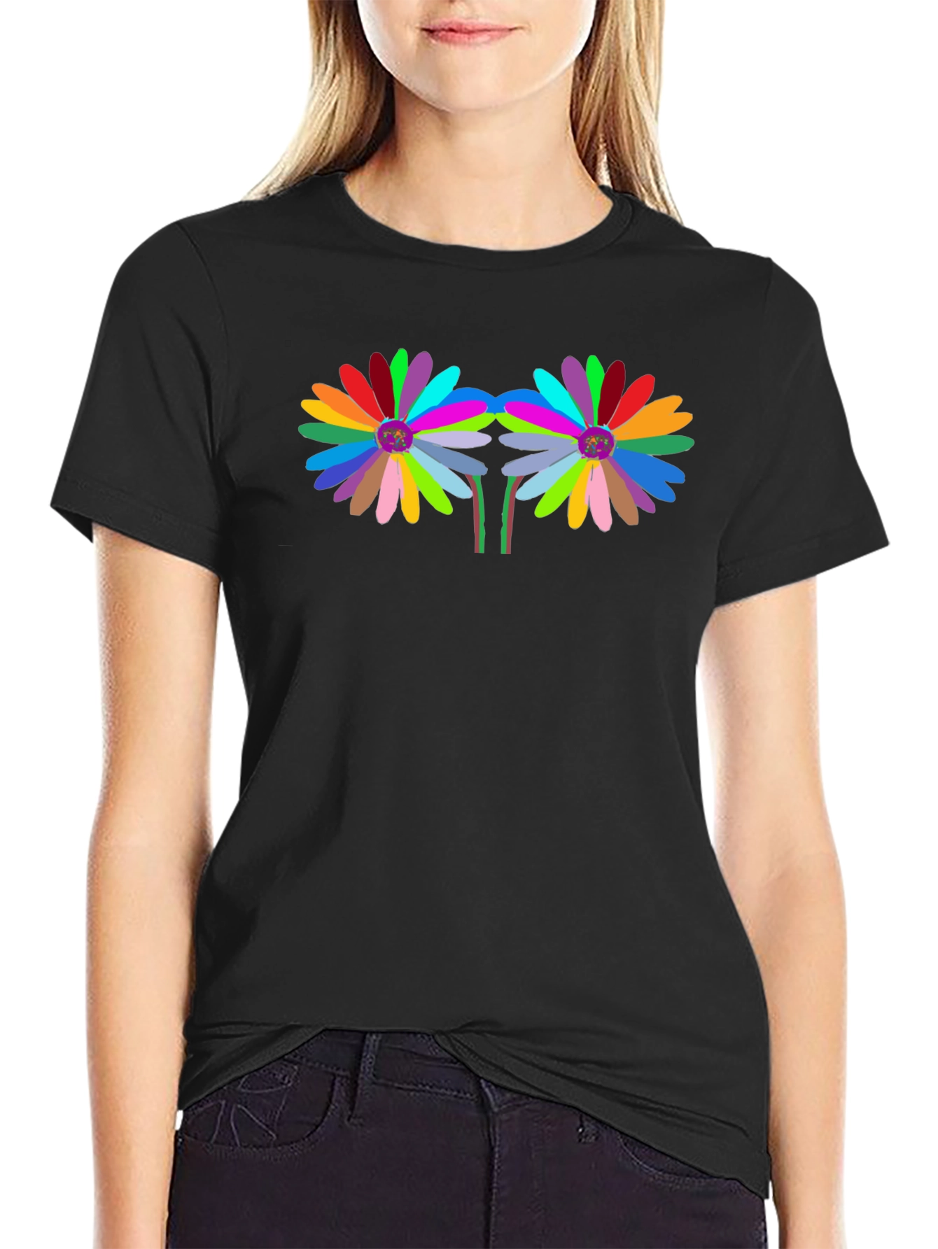 Black Colorful Floral Graphic Black T-Shirt view 2
