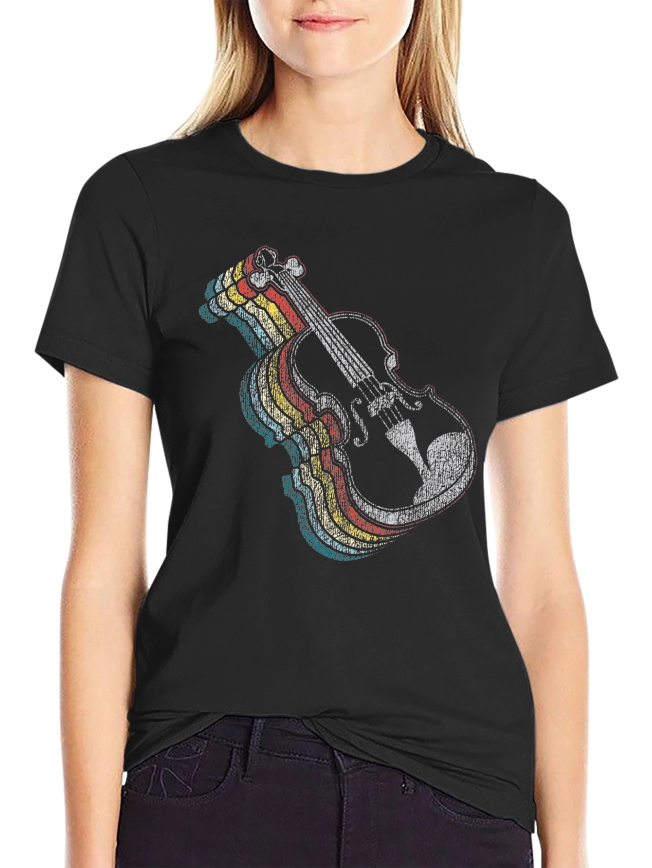 Black Retro Violin Graphic Tee - Music Lover's Black T-Shirt view 2