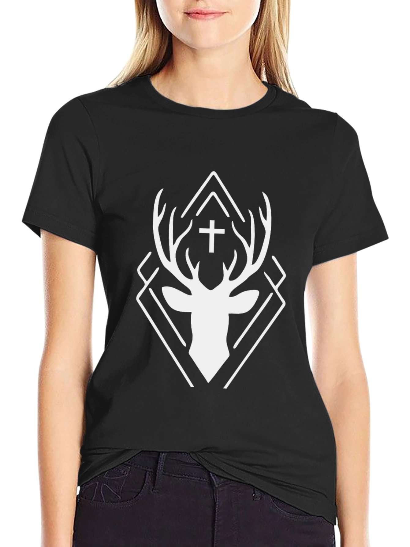 Black Geometric Deer Cross Graphic Black T-Shirt view 2
