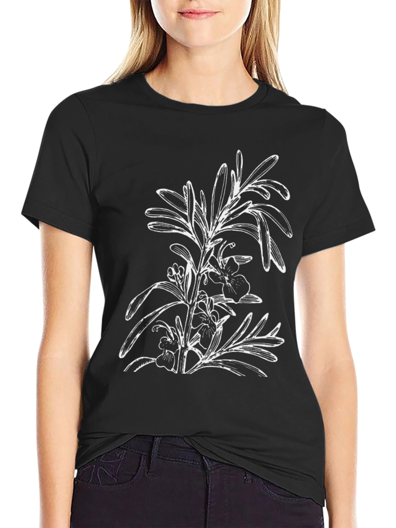 Black Black T-Shirt with Floral Botanical Graphic view 2