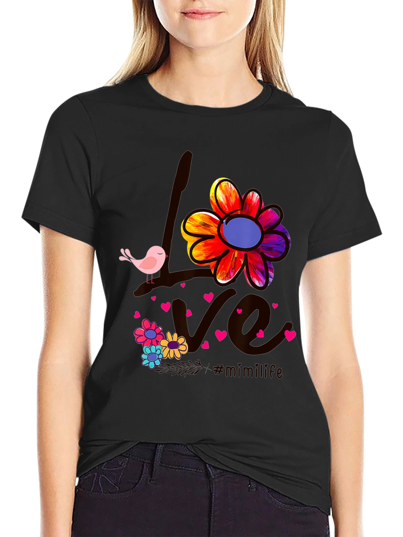 Black Love Bird Floral Graphic Tee view 2