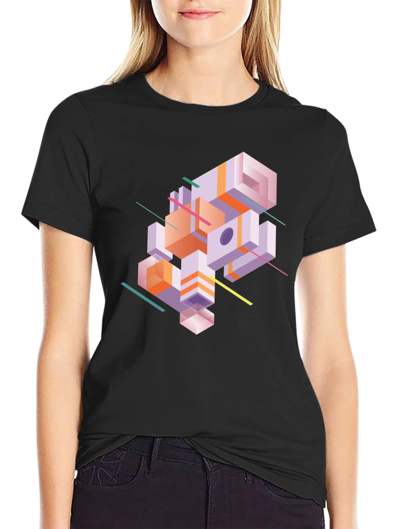 Black Abstract Geometric Graphic Print Black T-Shirt view 2