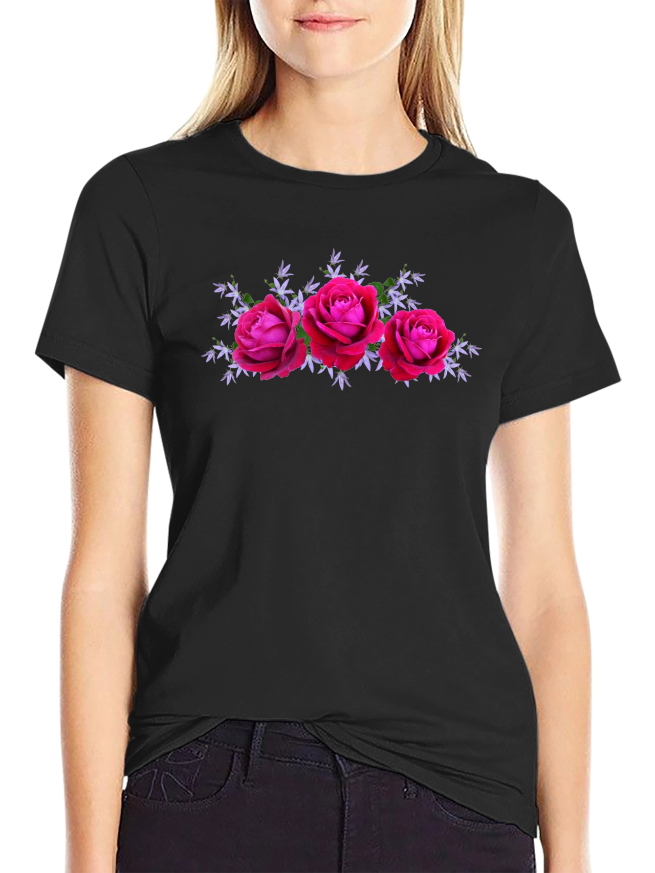 Black Floral Rose Graphic Black T-Shirt view 2