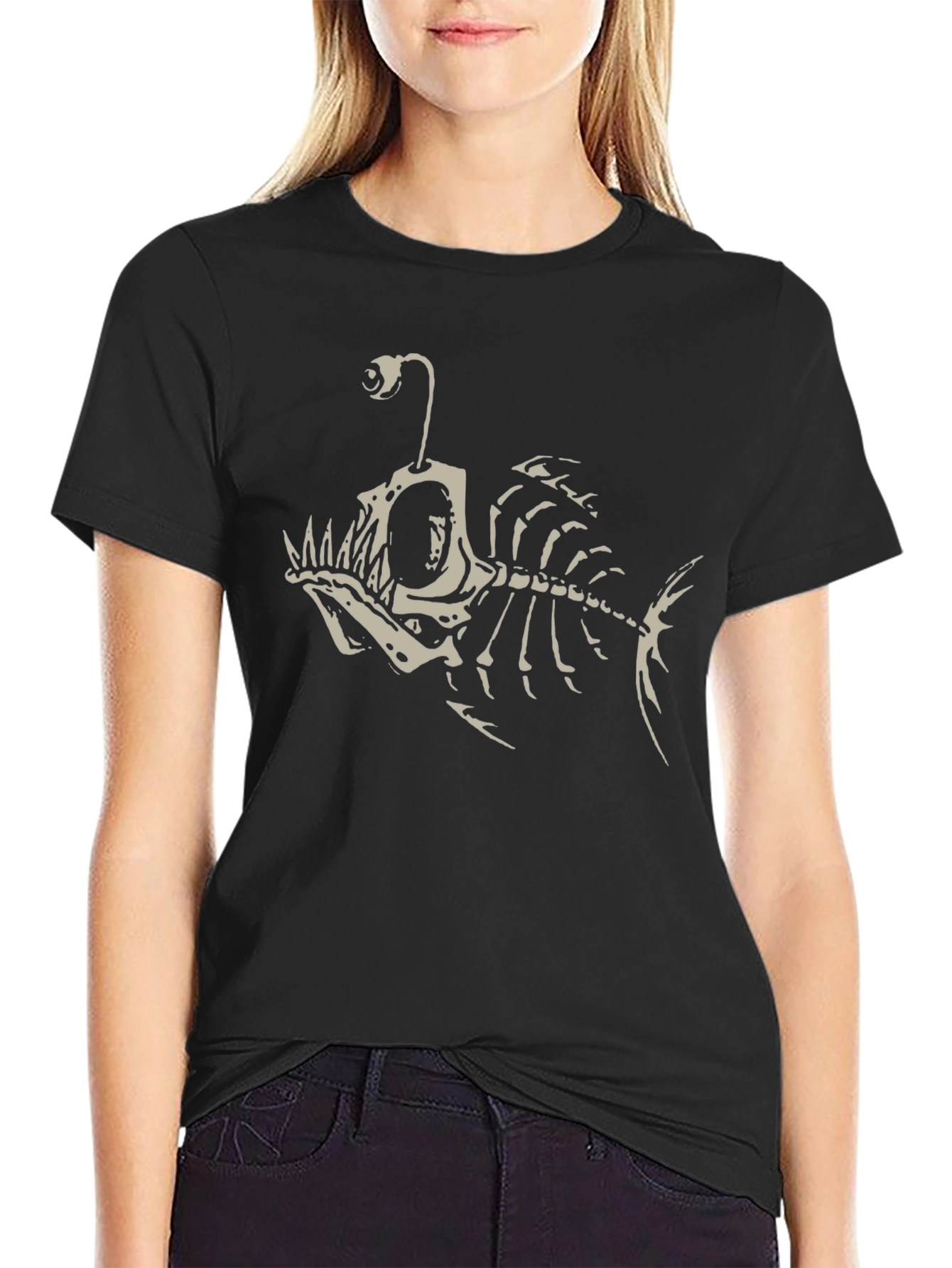 Black Angler Fish Skeleton Graphic Tee - Black Cotton T-Shirt view 2
