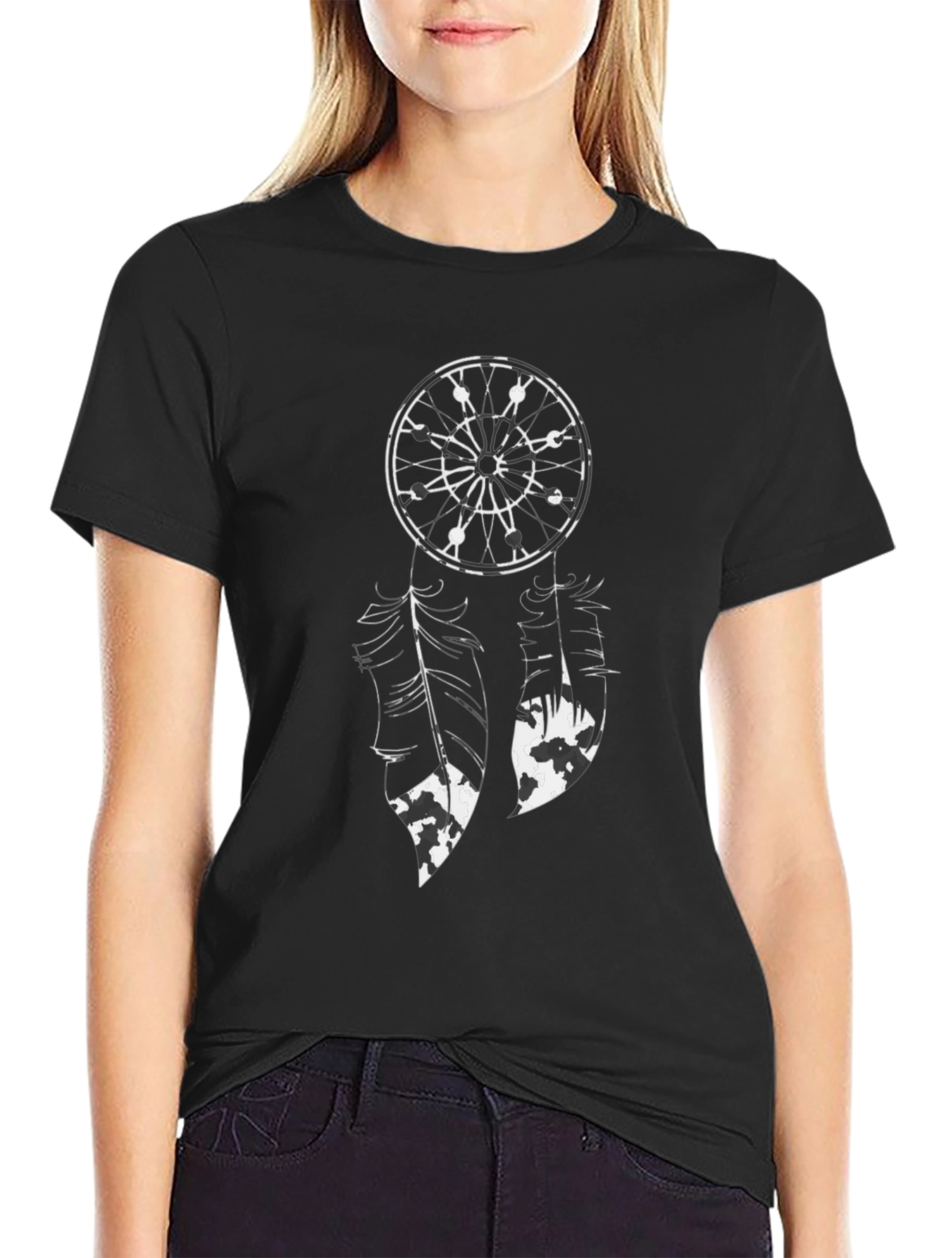 Black Dreamcatcher Graphic Tee - Black Cotton T-Shirt view 2