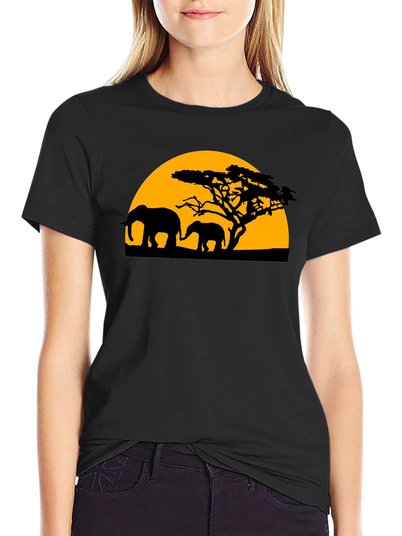 Black Elephant Sunset Graphic Tee - Black Cotton T-Shirt view 2
