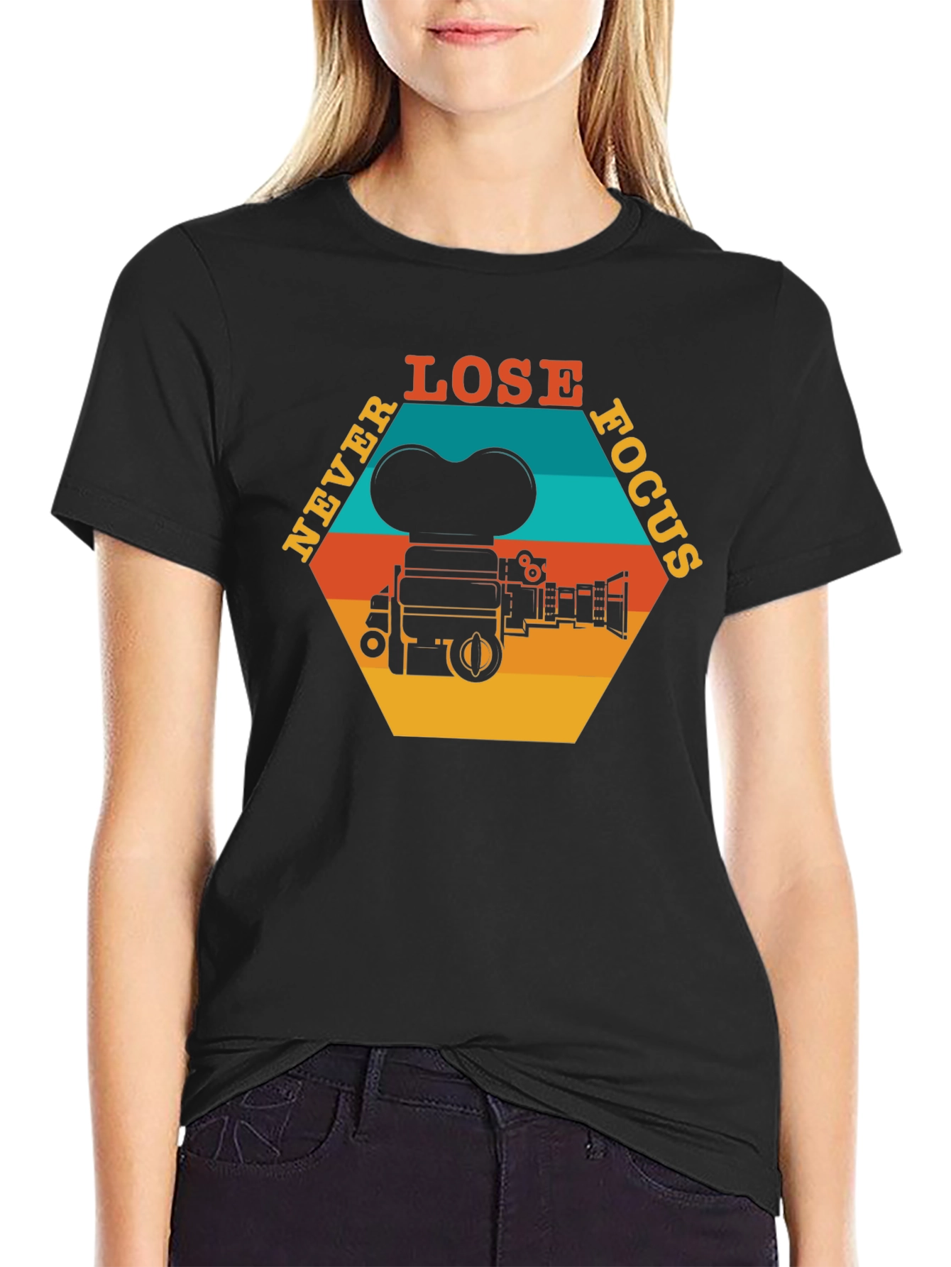 Black Never Lose Focus T-Shirt - Retro Camera Design view 2