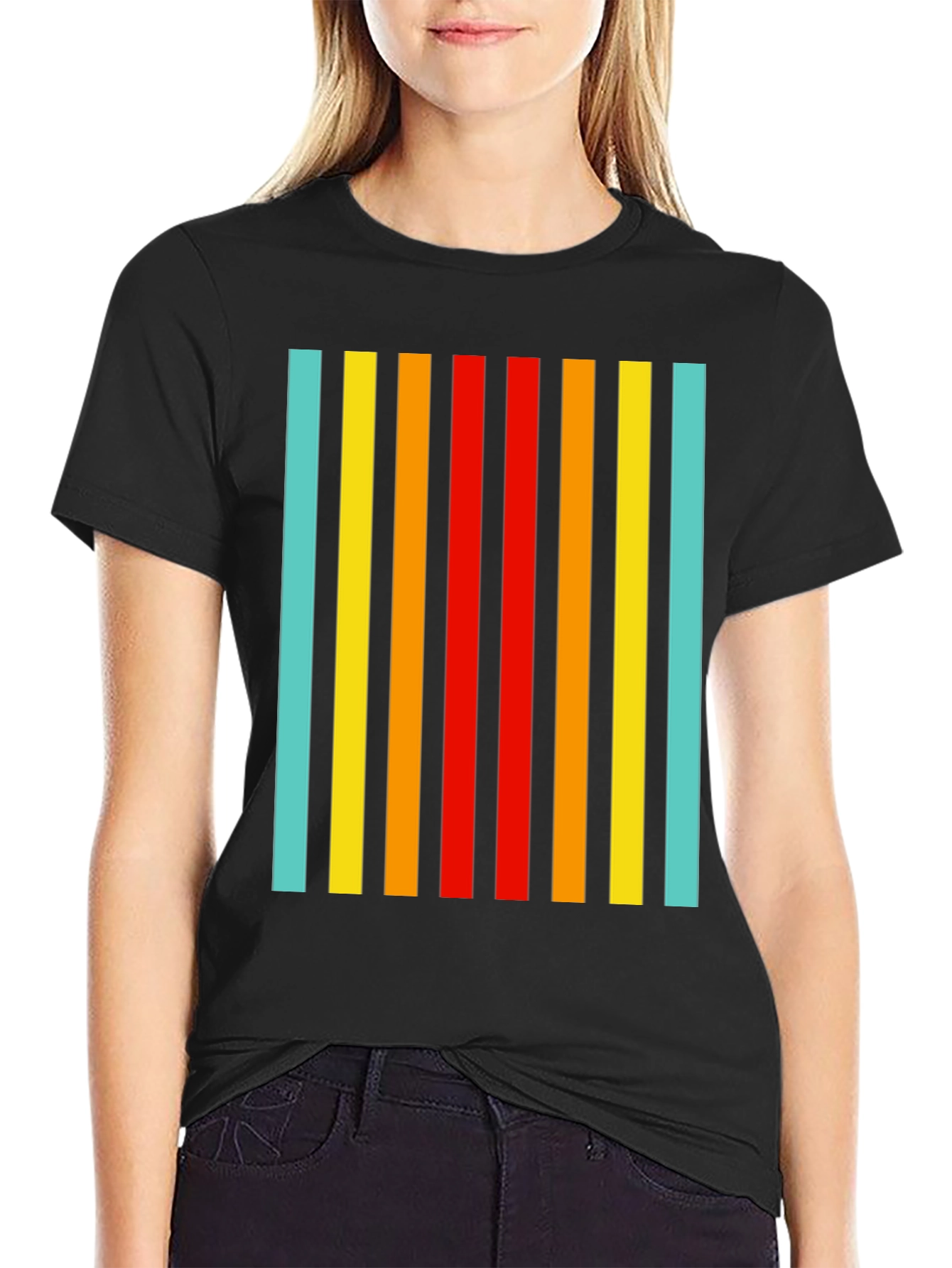 Black Retro Striped Tee - Black Casual T-Shirt view 2