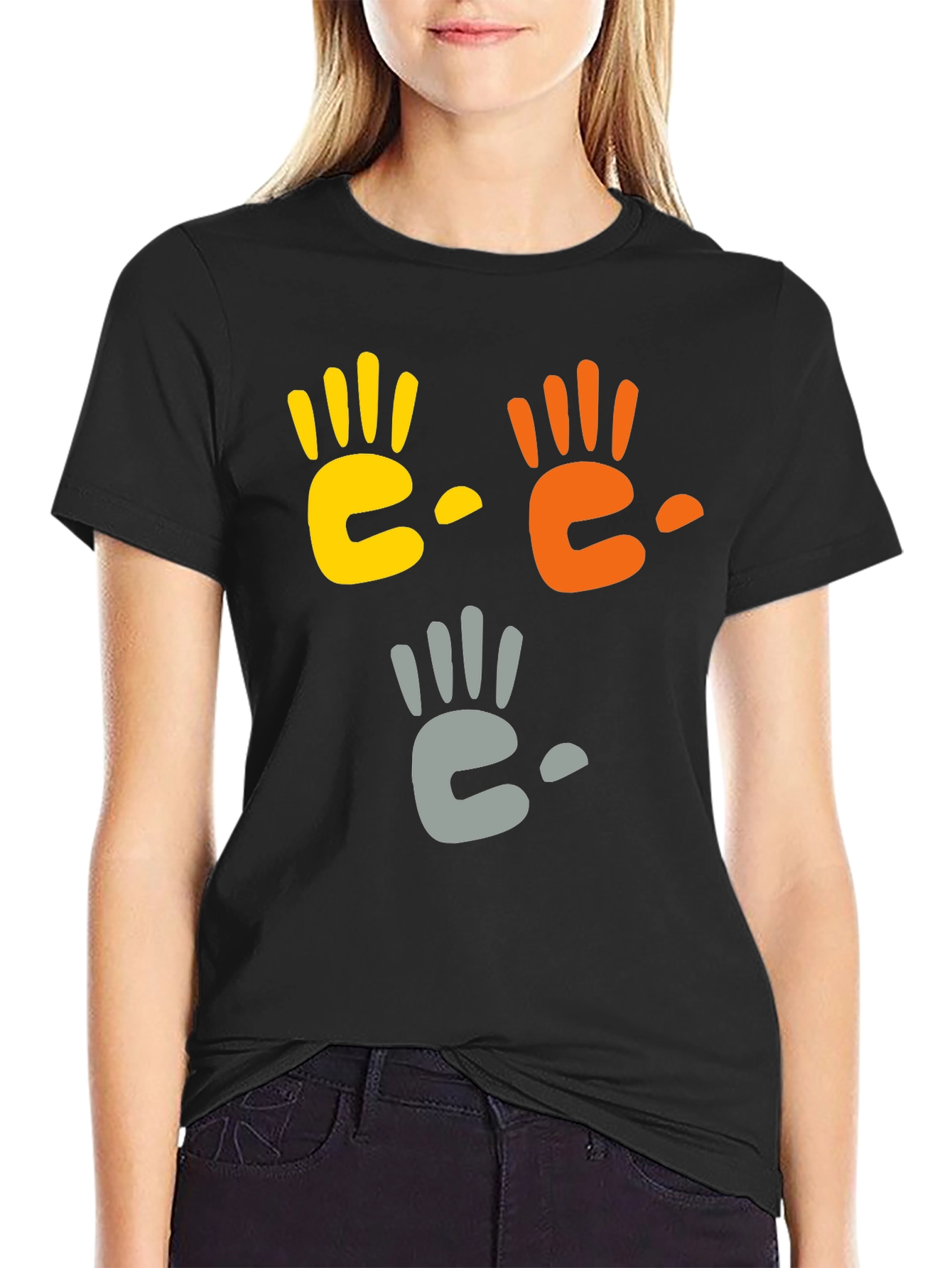 Black Colorful Handprint Graphic Black T-Shirt view 2